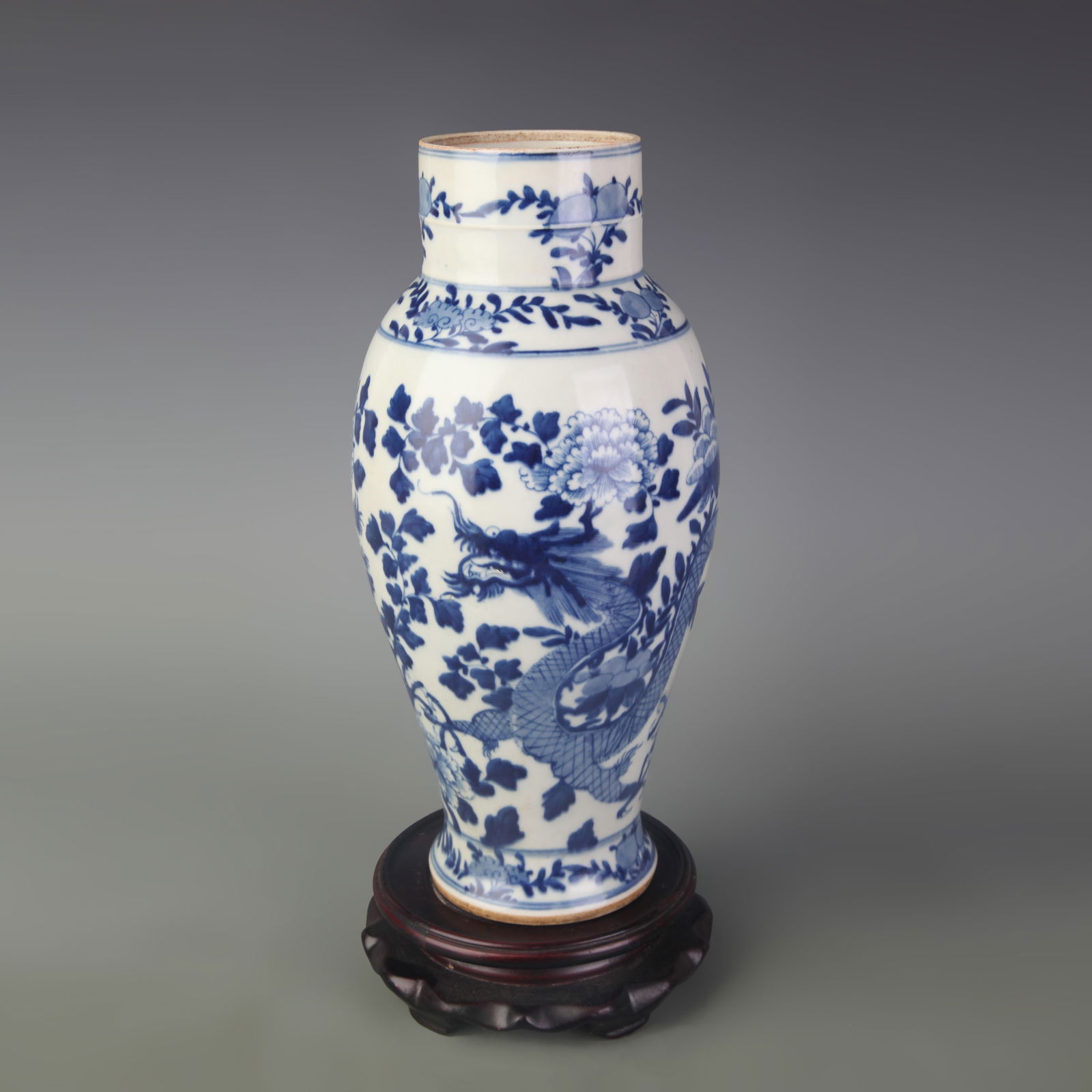 BLUE AND WHITE PORCELAIN VASE WITH FLORAL AND DRAGON PATTERNS (1 of 5)