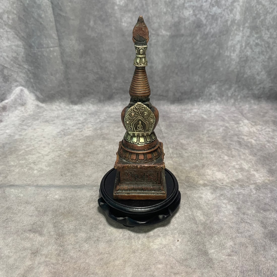 BRONZE AND SILVER-INLAID BUDDHIST STUPA: Qing Dynasty; Long: 2.5 inch Width: 2.5 inch High: 7.9 inch