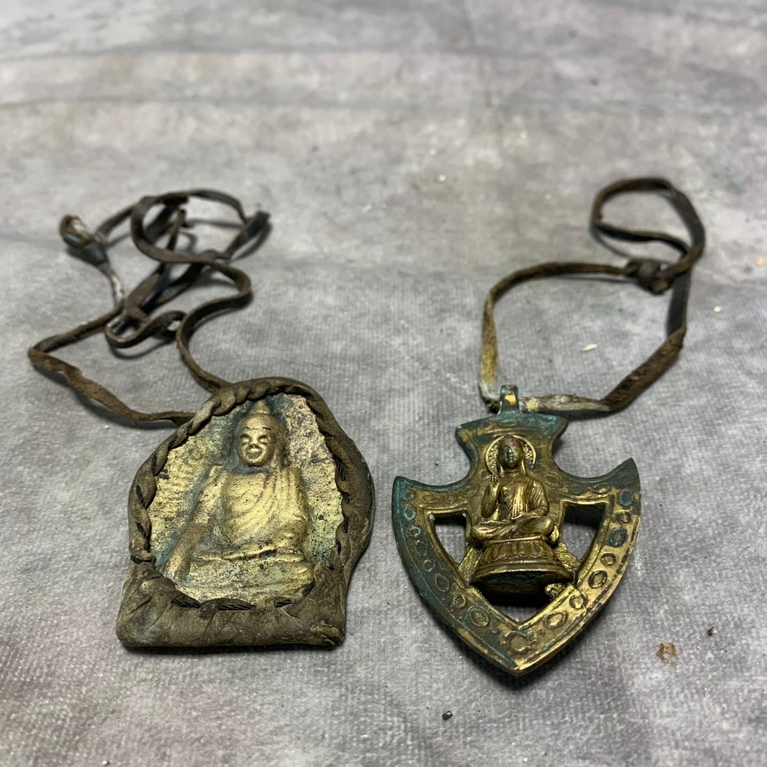 TIBETAN BUDDHIST SMALL GILDED BRONZE PENDANT: Qing Dynasty; Long: 1.9; 2.3 inch Width: 0.6; 0.3 inch High: 2.6; 2.7 inch