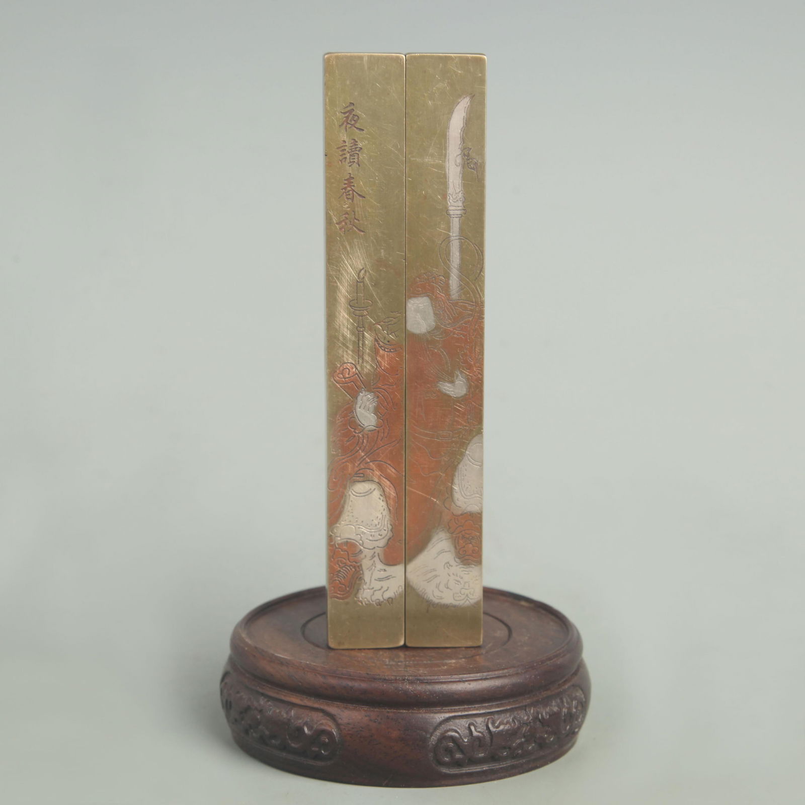 ONE SET OF BRONZE PAPER WEIGHT WITH SILVER INLAY CARVING: Republic Period; High: 6.00 inch; Width: 0.75 inch;