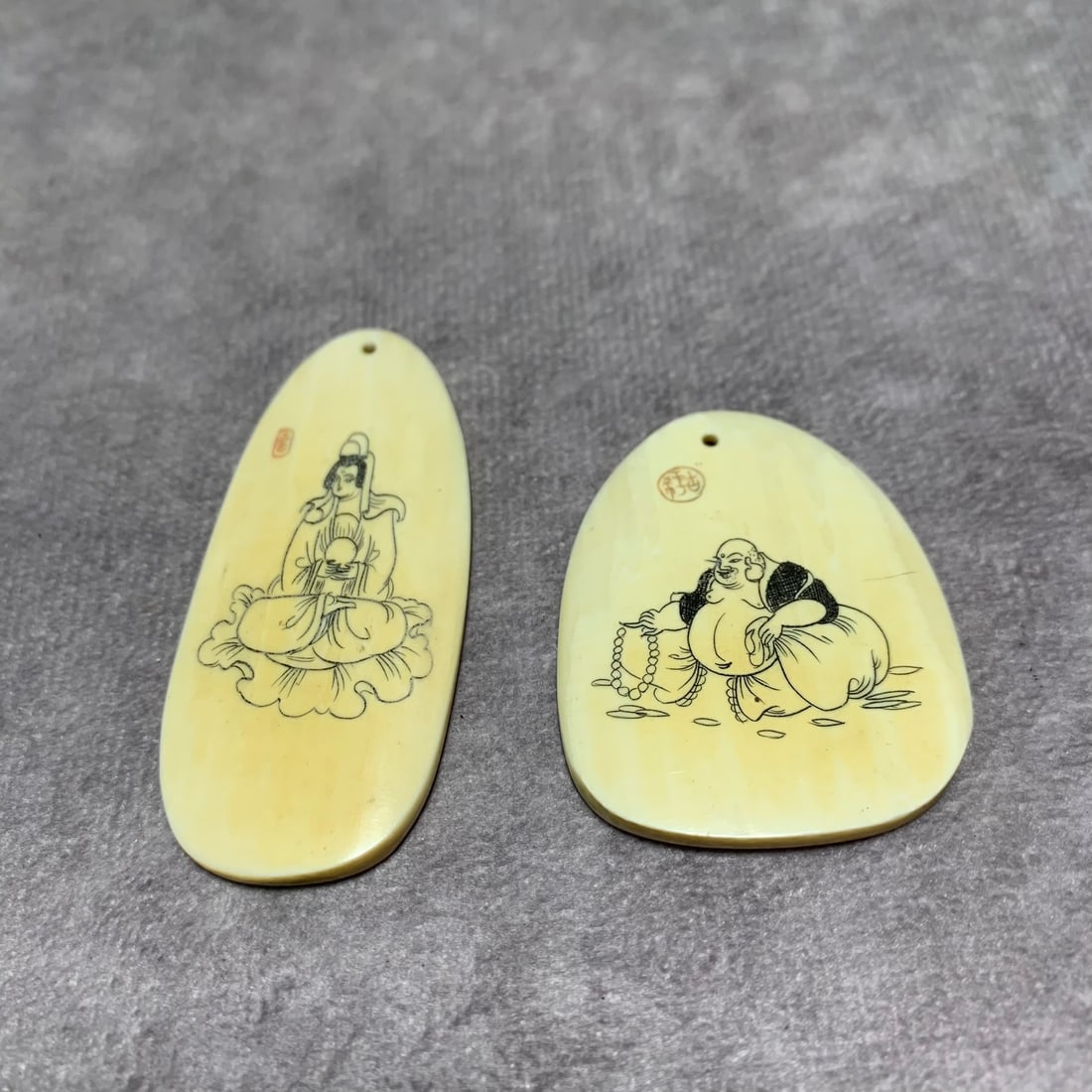 QING DYNASTY OX HORN MINIATURE CARVINGS OF GUANYIN AND MAITREYA: Qing Dynasty; Long: 1.7 inch; 1.9 inch; Width: 1.1 inch; 0.8 inch; High; 0.1 inch; 0.1 inch;