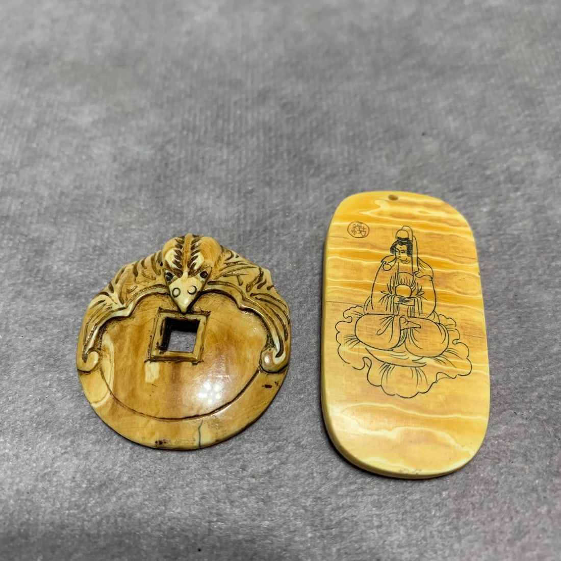 QING DYNASTY OX HORN MINIATURE CARVINGS OF GUANYIN AND MAITREYA: Qing Dynasty; Long: 1.7 inch; 1.2 inch; Width: 0.9 inch; 1.2 inch; High; 0.2 inch; 0.2 inch;