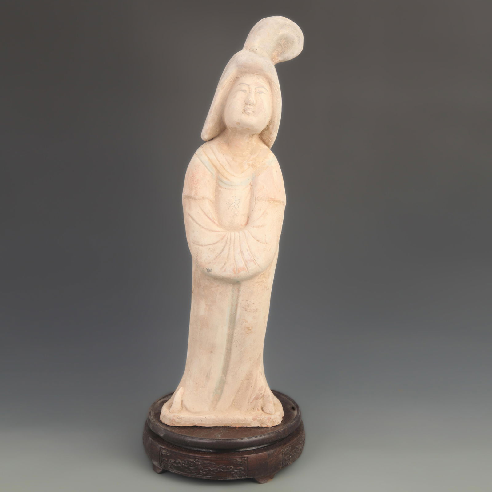 A FINE PAINTED POTTERY FEMALE FIGURINE: Han Dynasty Style; High: 15.75 inch; Width: 4.00 inch;