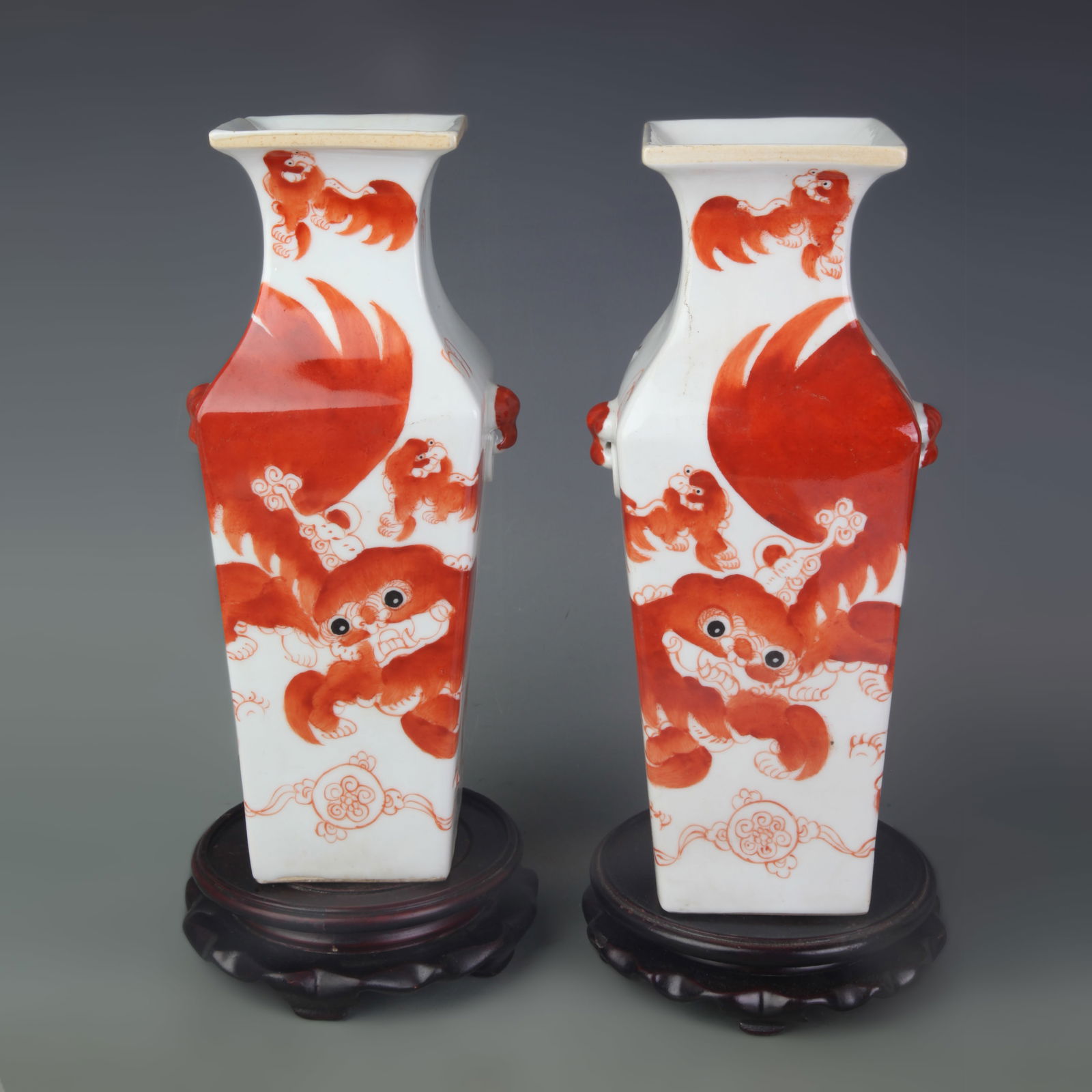 FAMILLE ROSE AUSPICIOUS BEAST FOUR-SIDED PORCELAIN VASE: Qing Dynasty; Width: 4.2 inch; High: 10.5 inch