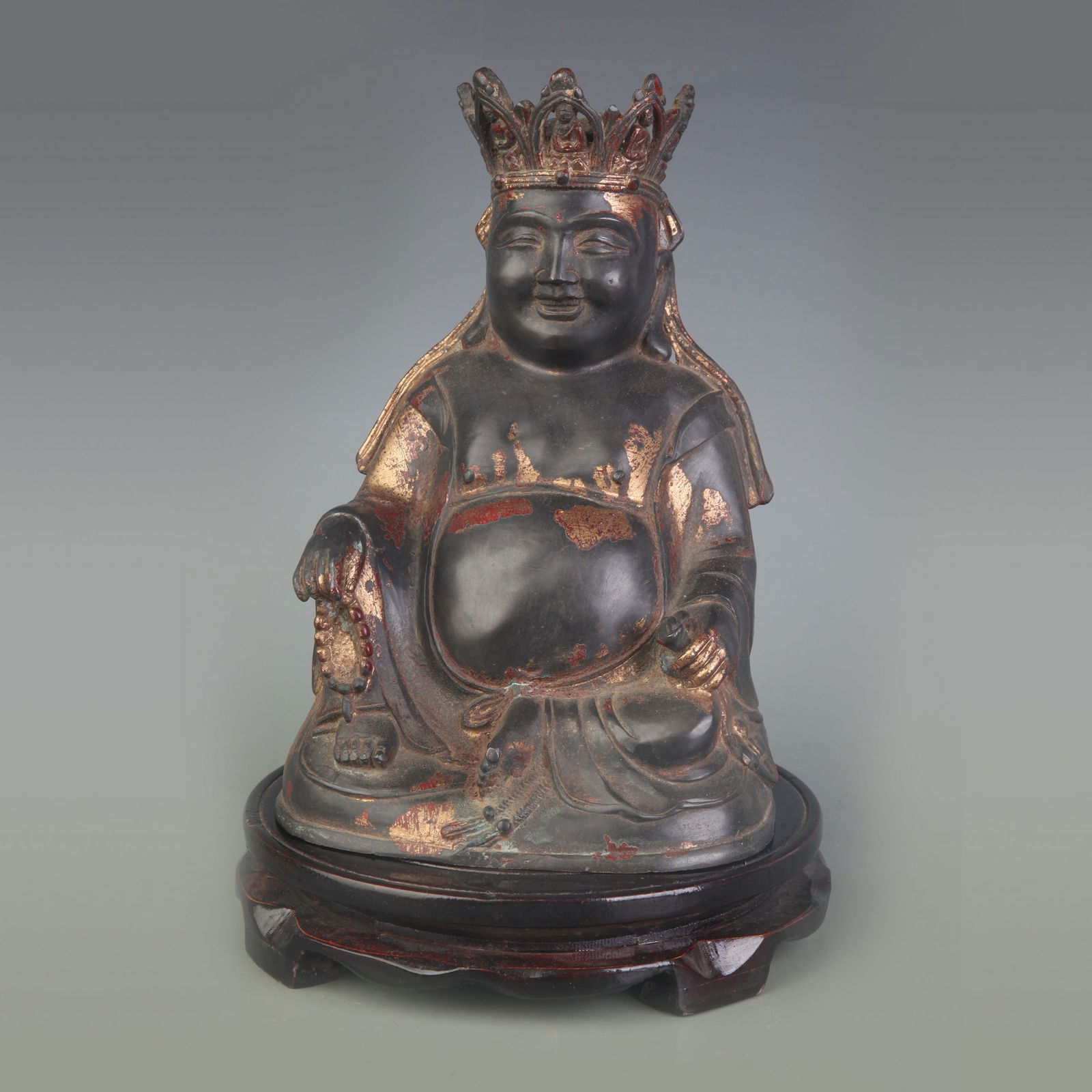 A FINE BRONZE MAITREYA BUDDHA STATUE: Qing Dynasty; Width: 5.7 inch; High: 7.8 inch
