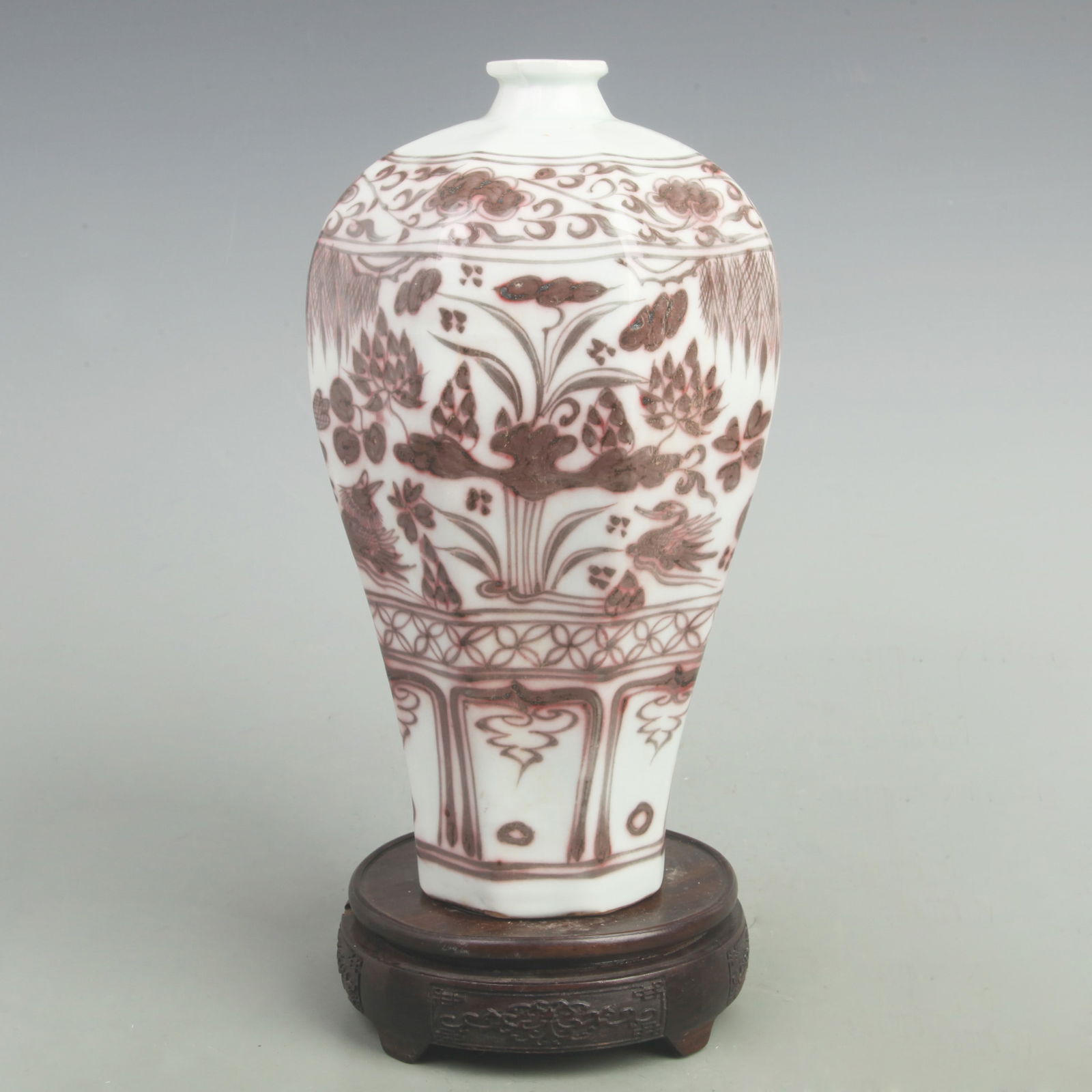 UNDERGLAZE-RED MANDARIN DUCK OCTAGONAL PLUM VASE - 2