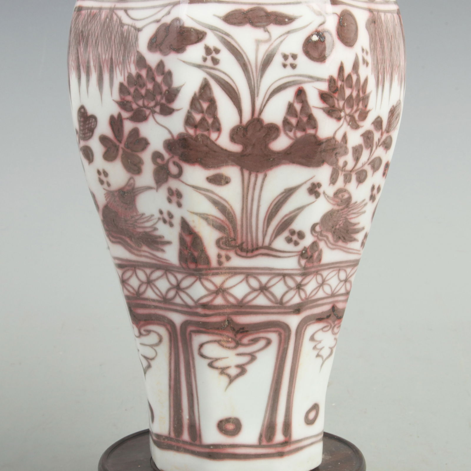 UNDERGLAZE-RED MANDARIN DUCK OCTAGONAL PLUM VASE - 4