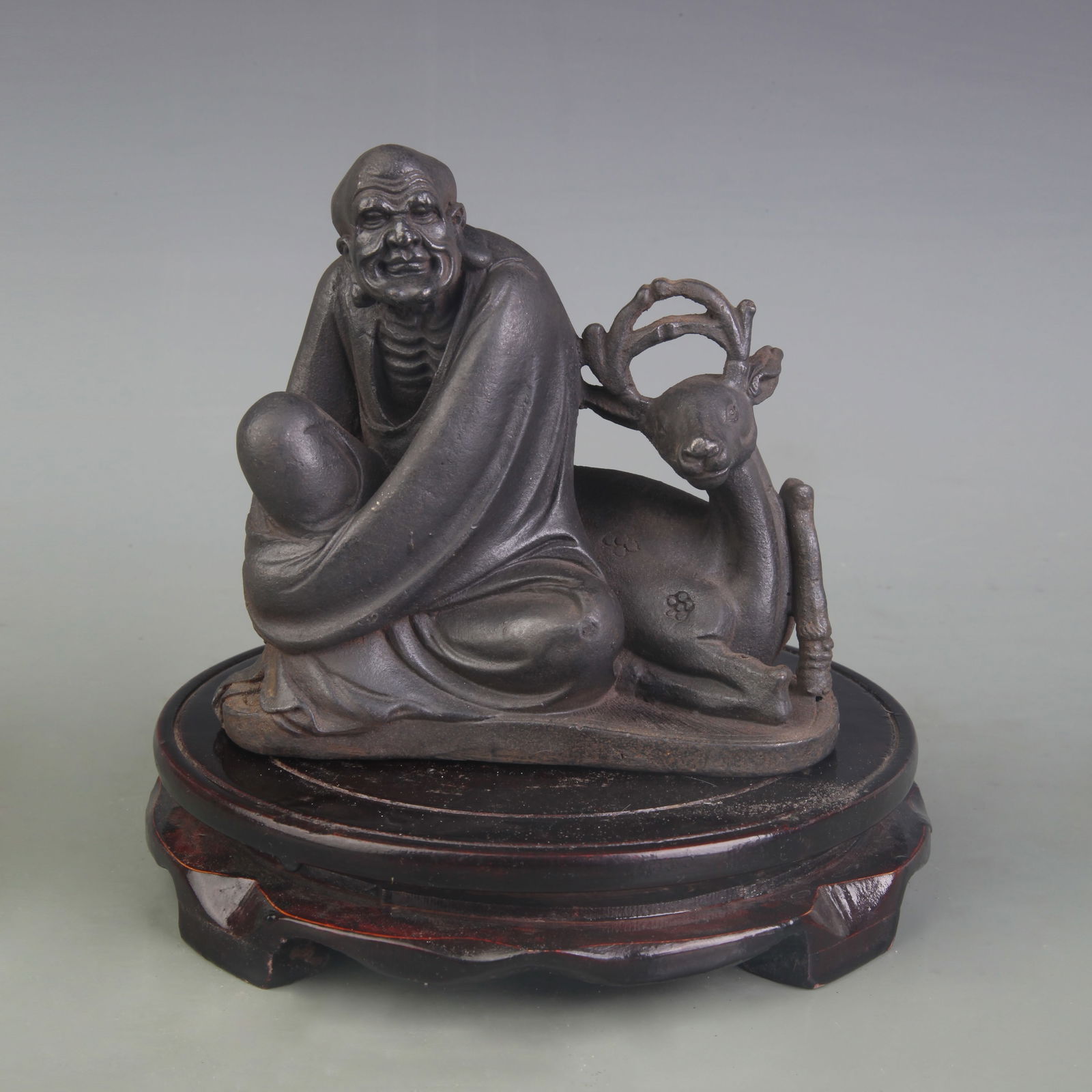A FINE CAST IRON ARHAT STATUE: Qing Dynasty; Width: 5.3 inch; High: 5.1 inch