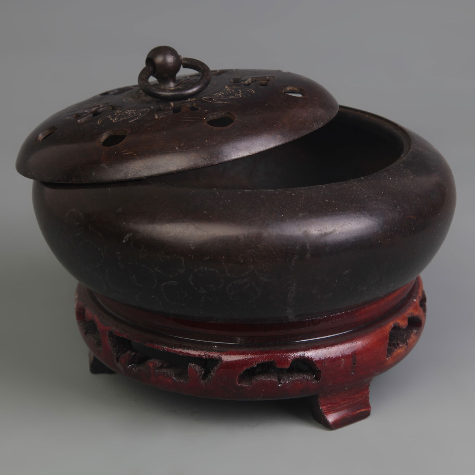 BAT PATTERN ROUND-FOOT BRONZE INCENSE BURNER - 2