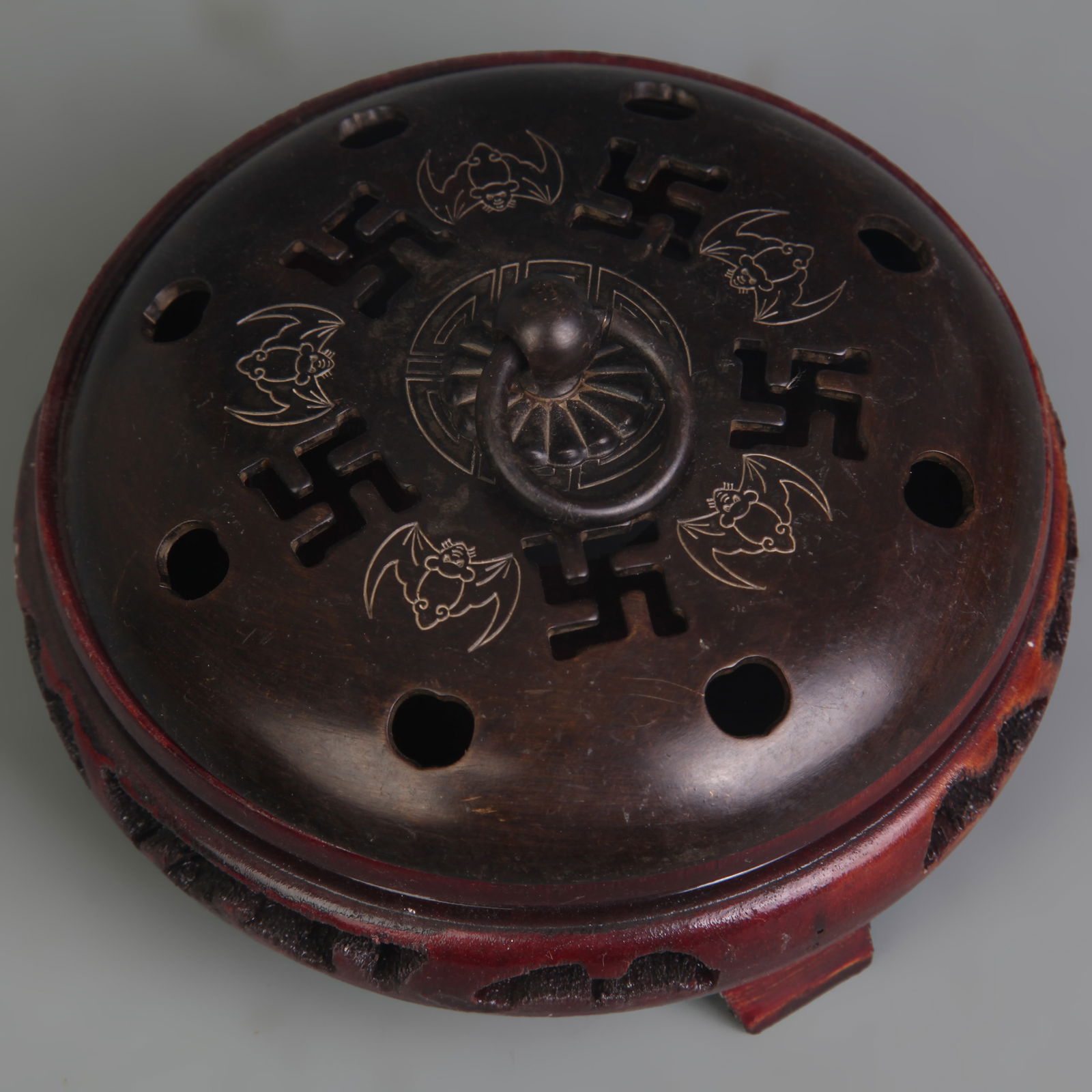 BAT PATTERN ROUND-FOOT BRONZE INCENSE BURNER - 7