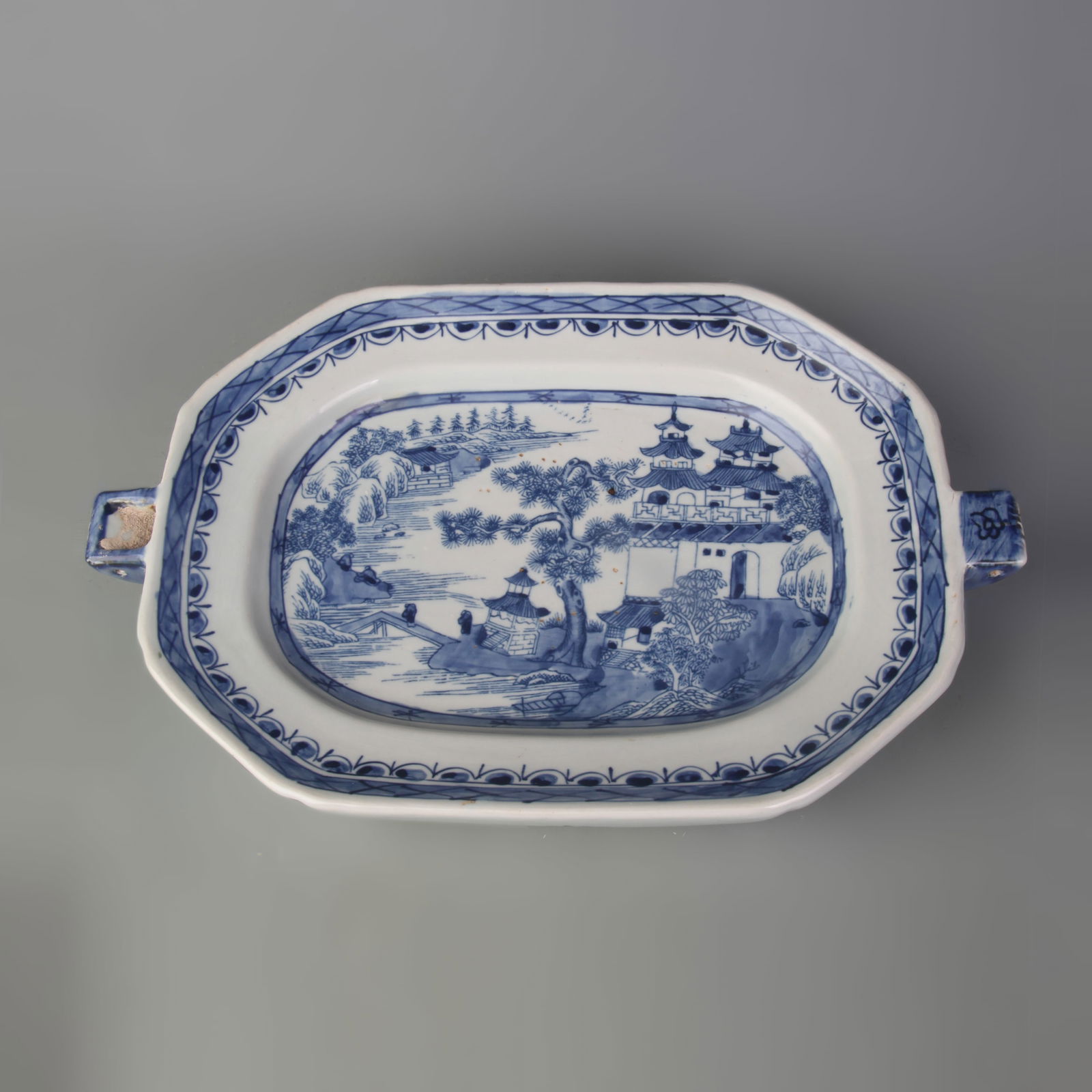 BLUE-AND-WHITE LANDSCAPE & FIGURE STORY DOUBLE-LAYER LARGE PLATE: Qing Dynasty; Long: 15.4in ; Width: 9.7in ; High: 2.5in;
