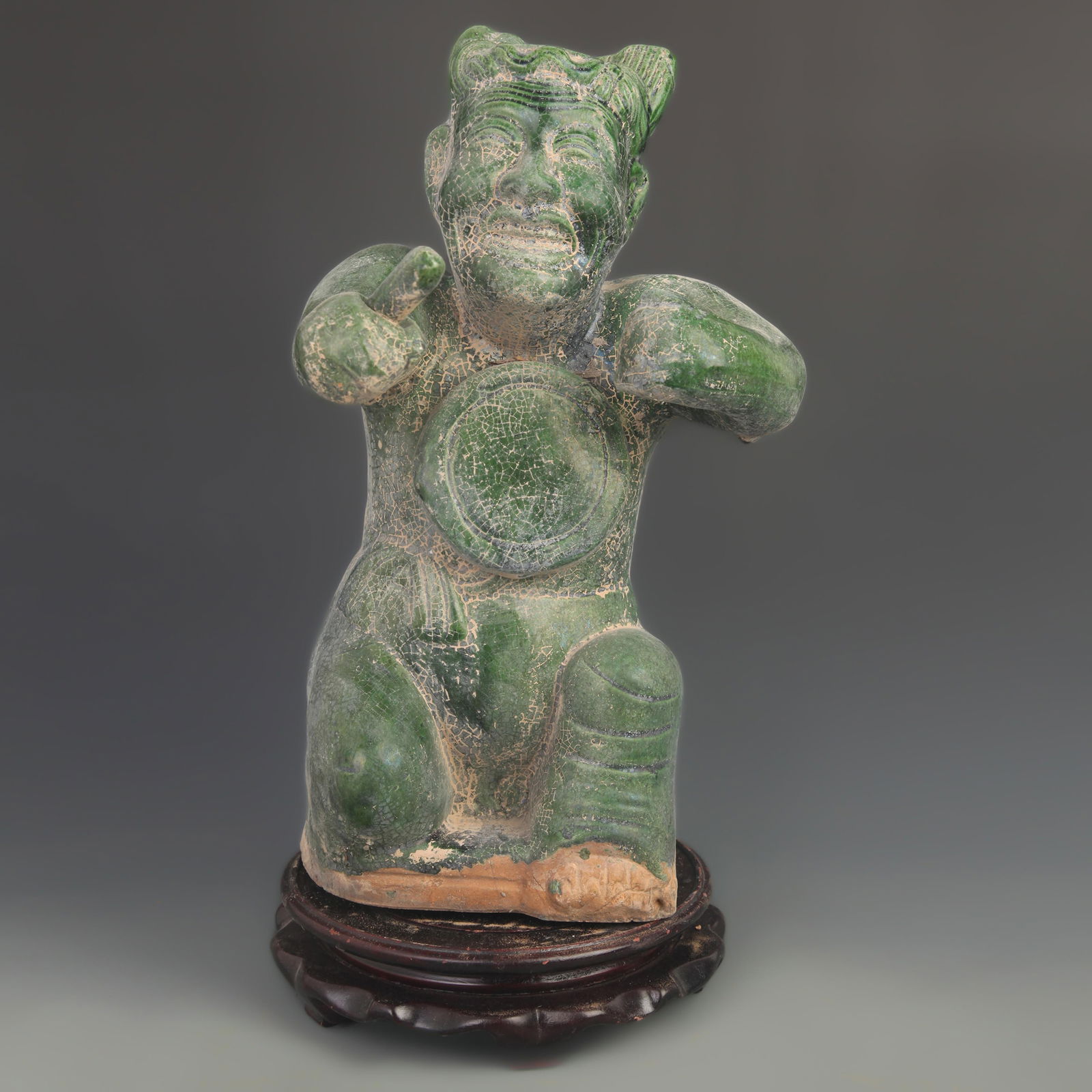 GREEN-GLAZED SINGING-AND-DRUMMING POTTERY FIGURINE: Han Dynasty Style; High: 14.0 inch; Width: 7.50 inch;