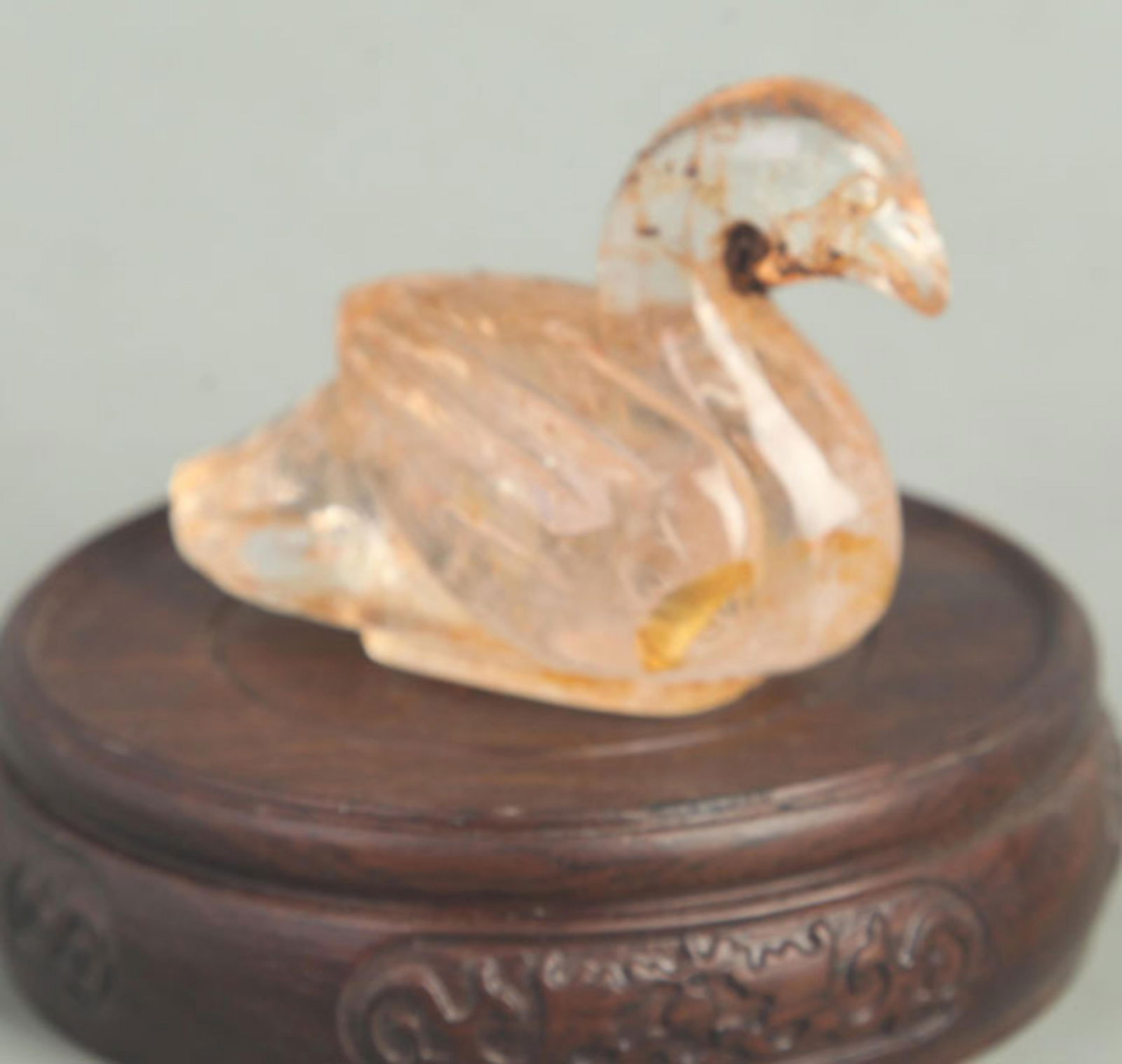 A FINE CRYSTAL CARVED DUCK PAPERWEIGHT: 20th Century; High: 2.25 inch; Width: 2.75 inch;