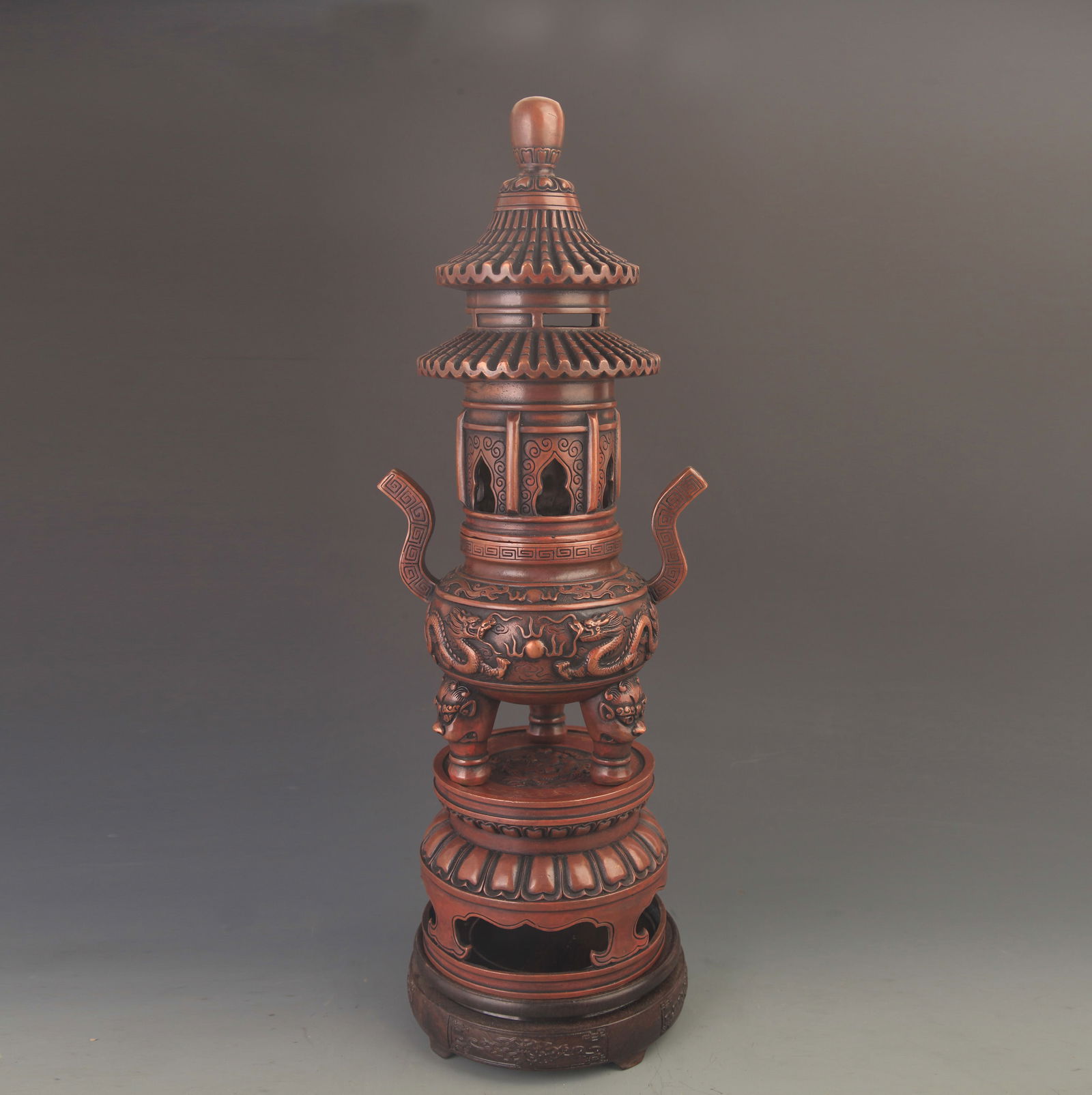 RARE DOUBLE DRAGON STYLE DING STYLE RED BRONZE VASE: 19th Century, High: 19.0 inch; Width: 7.25 inch;