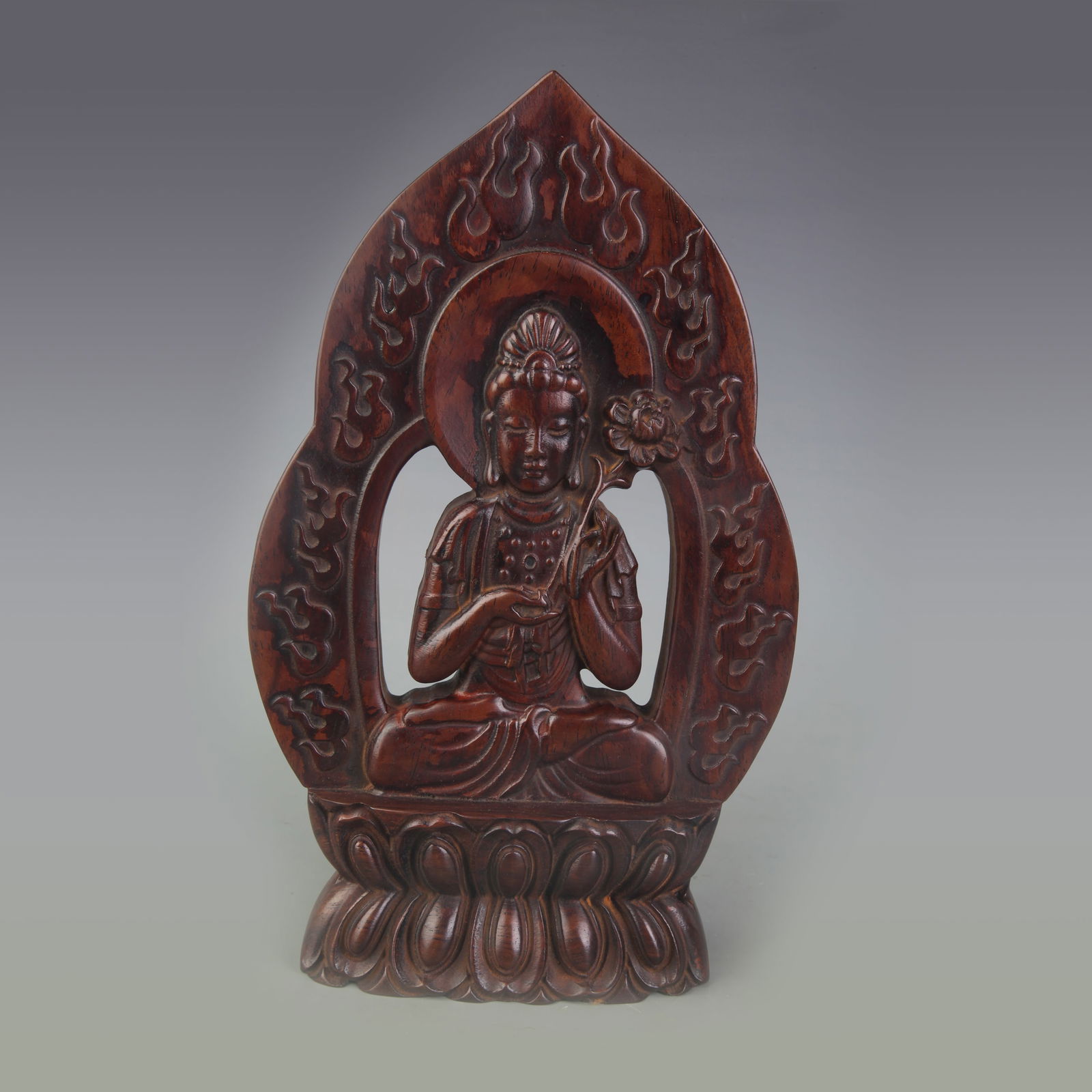 REDWOOD CARVED GUANYIN STATUE: Qing Dynasty; Width: 6.0 inch; High: 9.8 inch