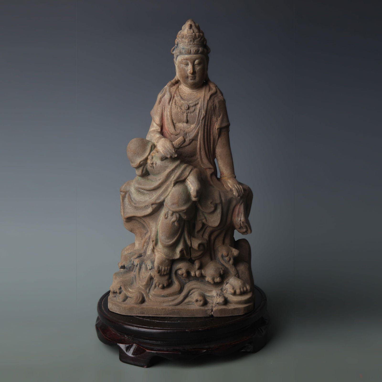 PAINTED WOOD CARVED GUANYIN STATUE: Republic Period; High: 10.7 inch