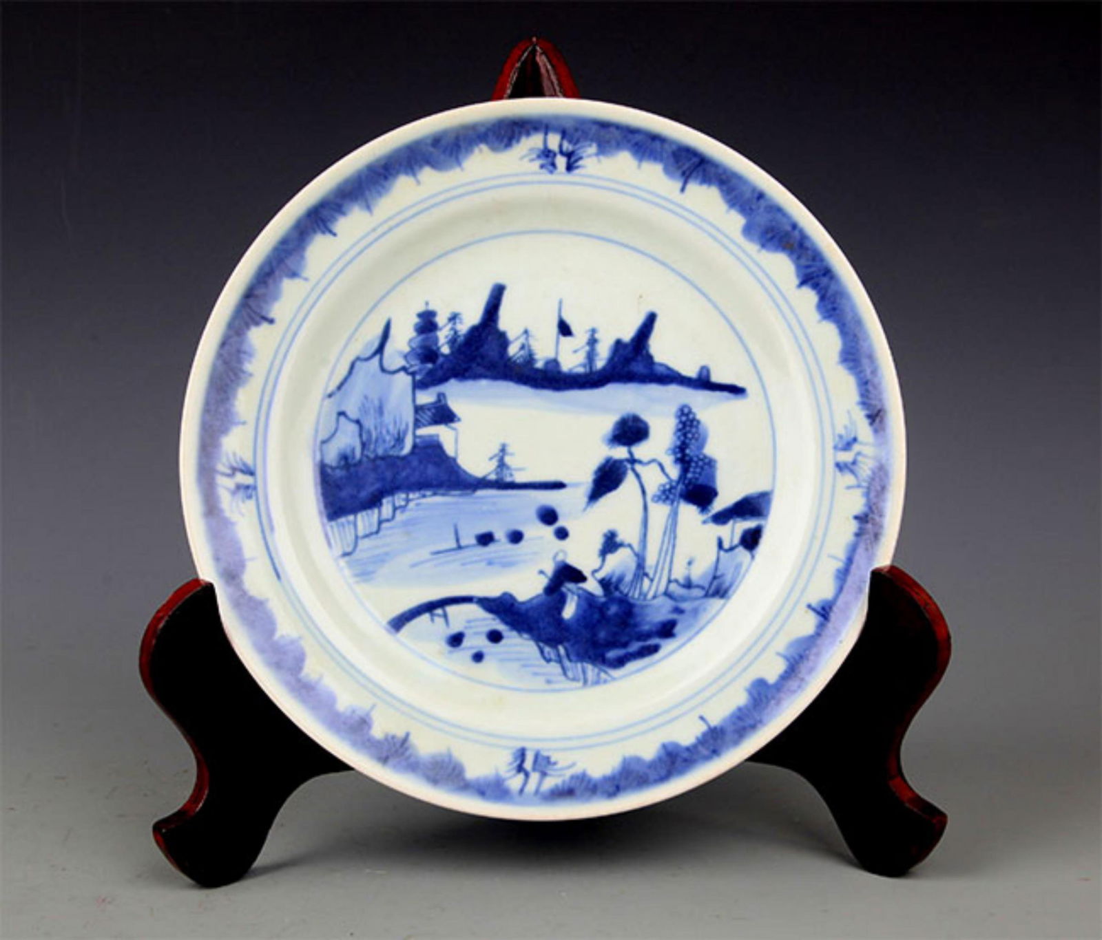BLUE AND WHITE LANDSCAPE AND FIGURE PORCELAIN PLATE: Qing Dynasty; High: 1.0 inch; Diameter: 8.5 inch;