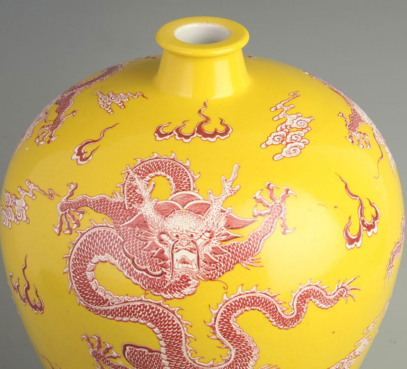 YELLOW GROUND PLUM VASE WITH RED DRAGON PATTERN - 2
