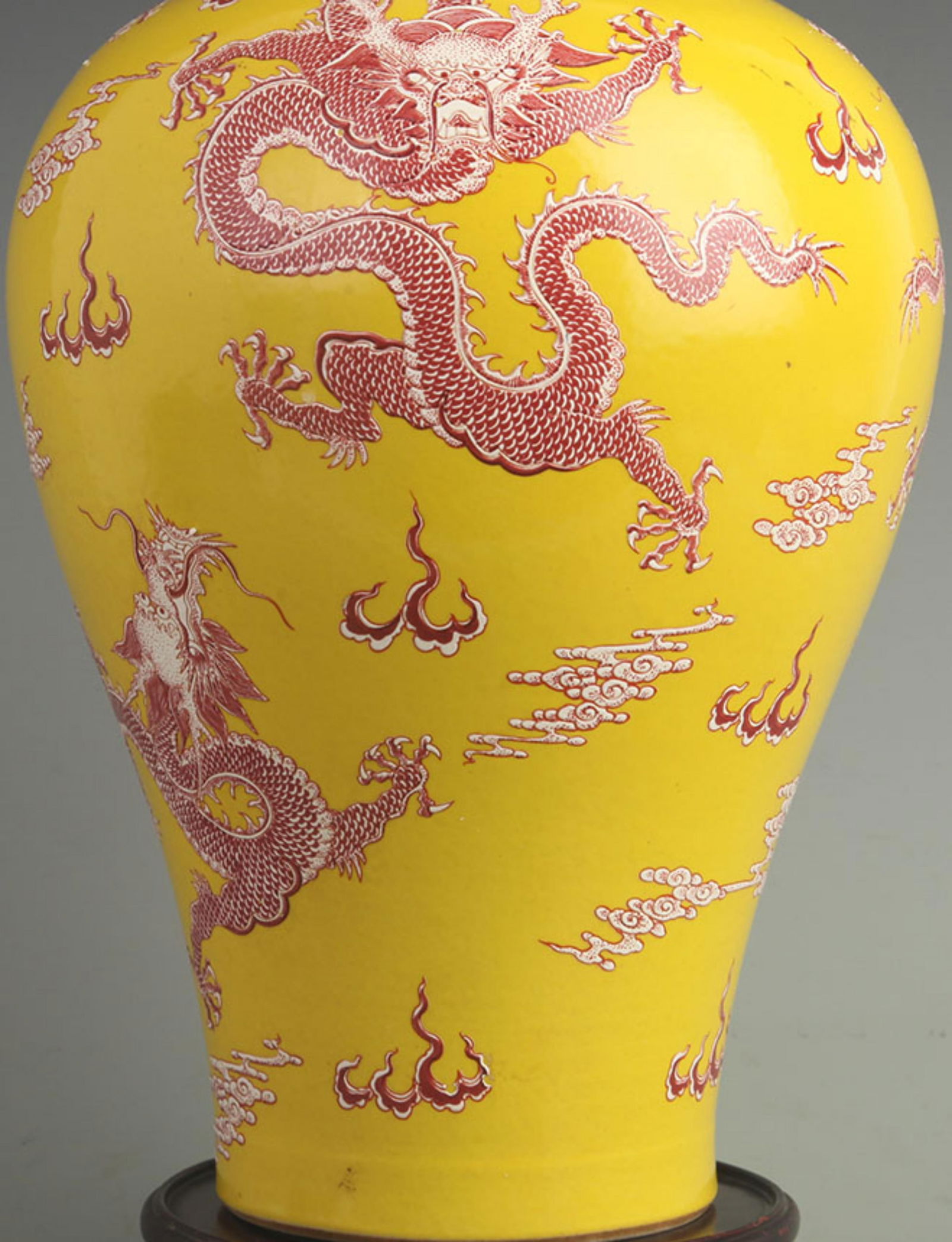 YELLOW GROUND PLUM VASE WITH RED DRAGON PATTERN - 3
