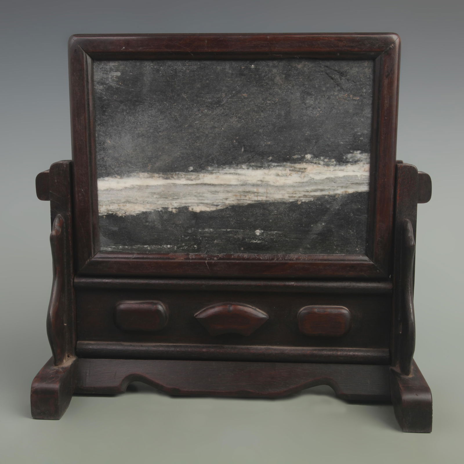 A FINE OLD REDWOOD INLAY WITH MARBLE STONE TABLE SCREEN: Qing Dynasty, High: 12.5 inch; Width: 13.2 inch;