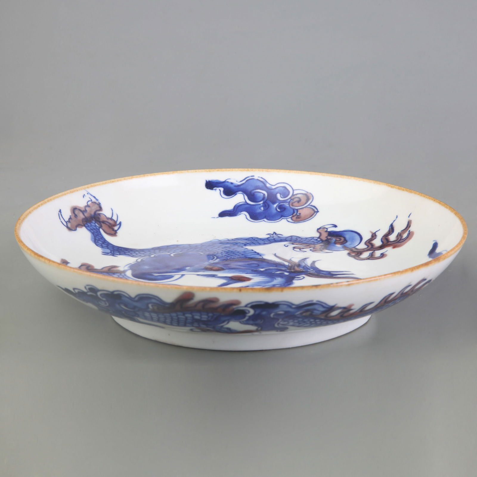 BLUE AND WHITE UNDERGLAZE RED DRAGON PATTERN PLATE - 3