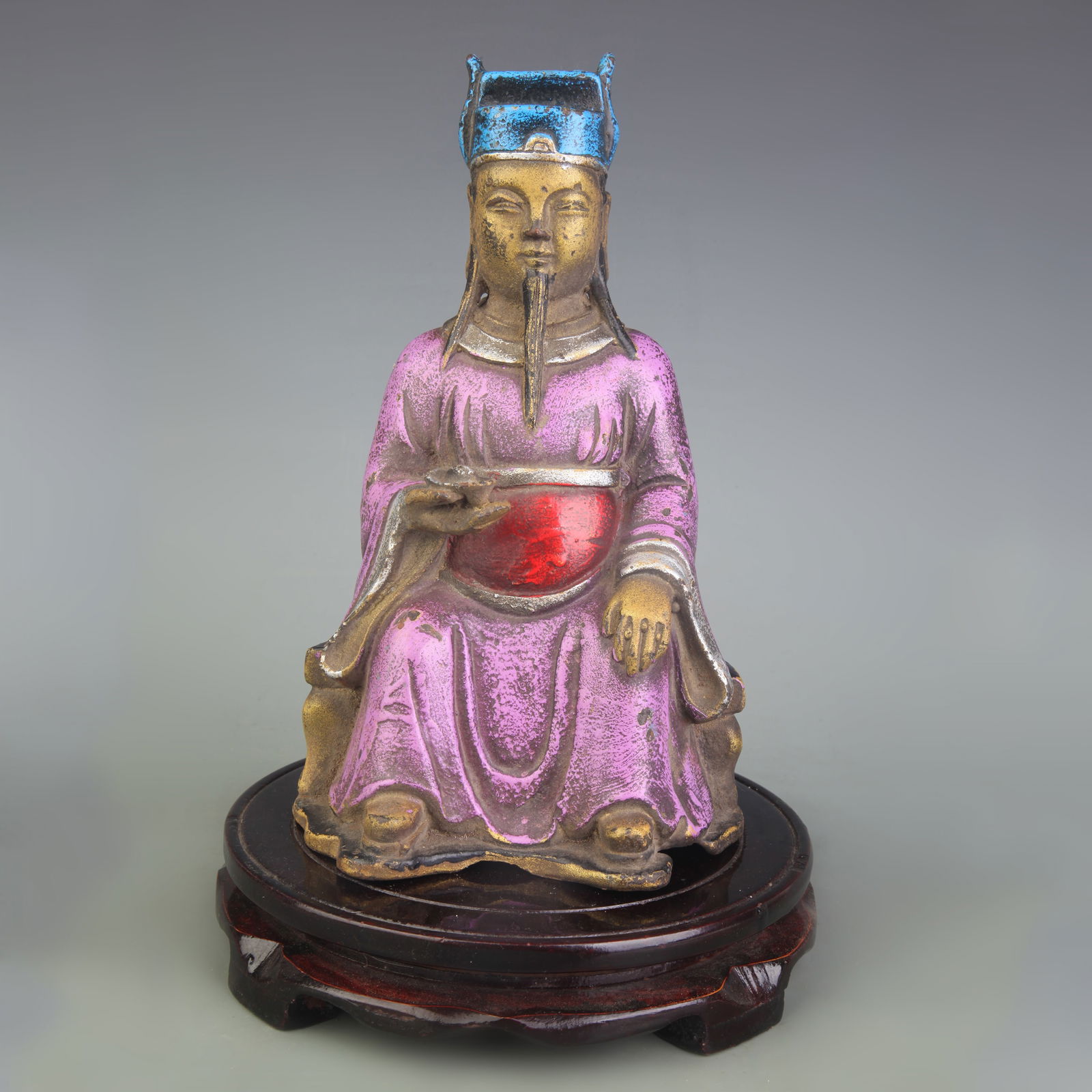 COLORED BRONZE CIVIL OFFICIAL WEALTH GOD STATUE: Qing Dynasty; High: 8.7 inch