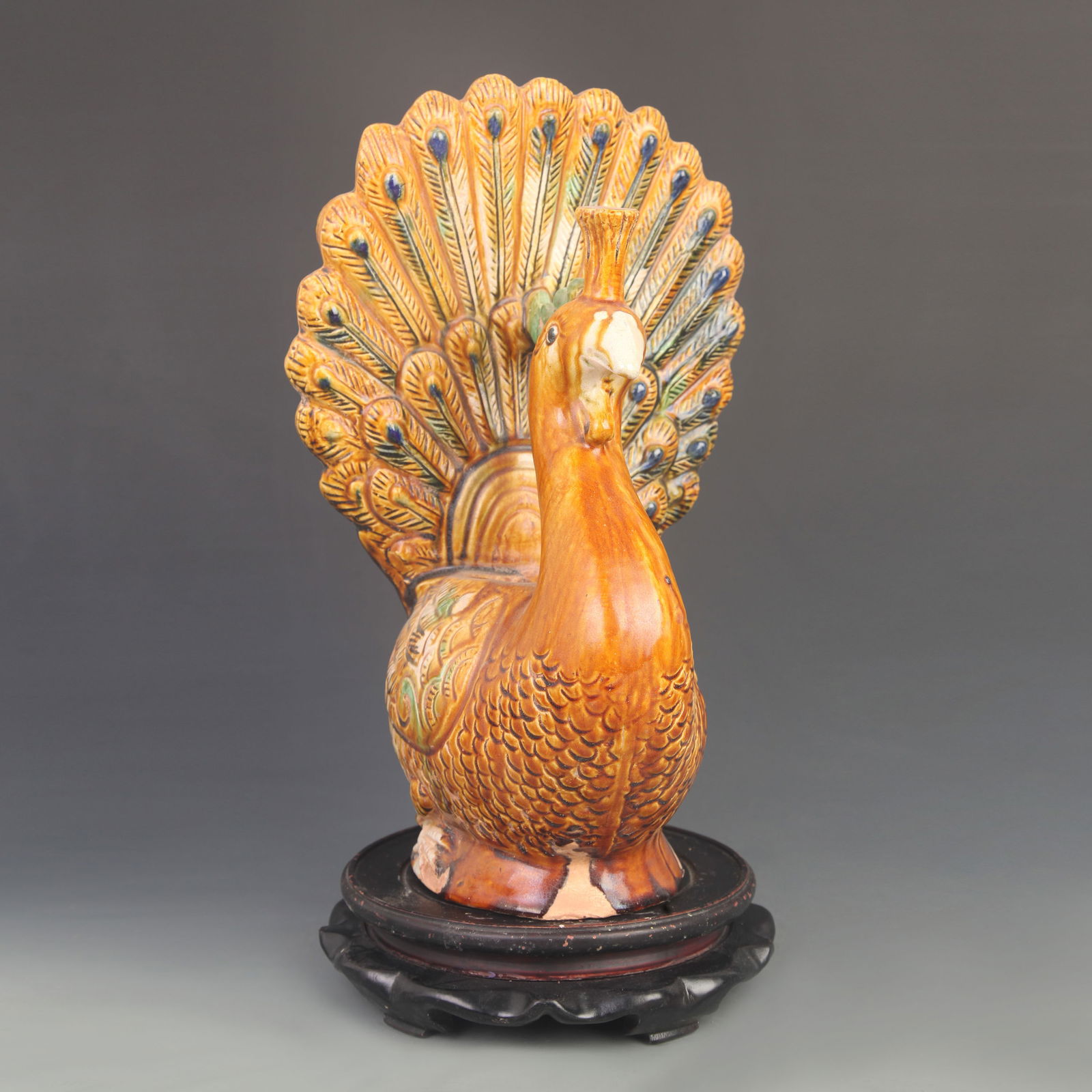 A FINE SANCAI COLOR POTTERY PEACOCK: Tang Dynasty Style; High: 13.5 inch; Width: 8.50 inch;