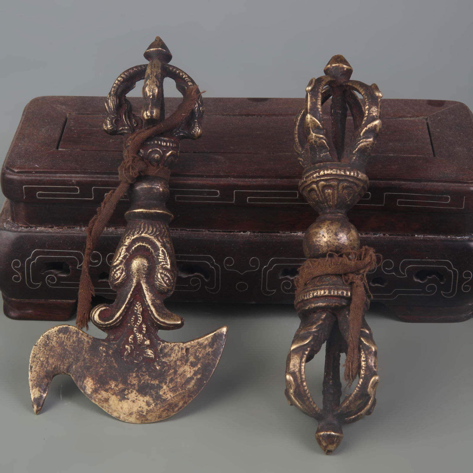 SMALL TIBETAN BUDDHIST RITUAL INSTRUMENTS (1 PAIR): Qing Dynasty; Long: 5.6 inch
