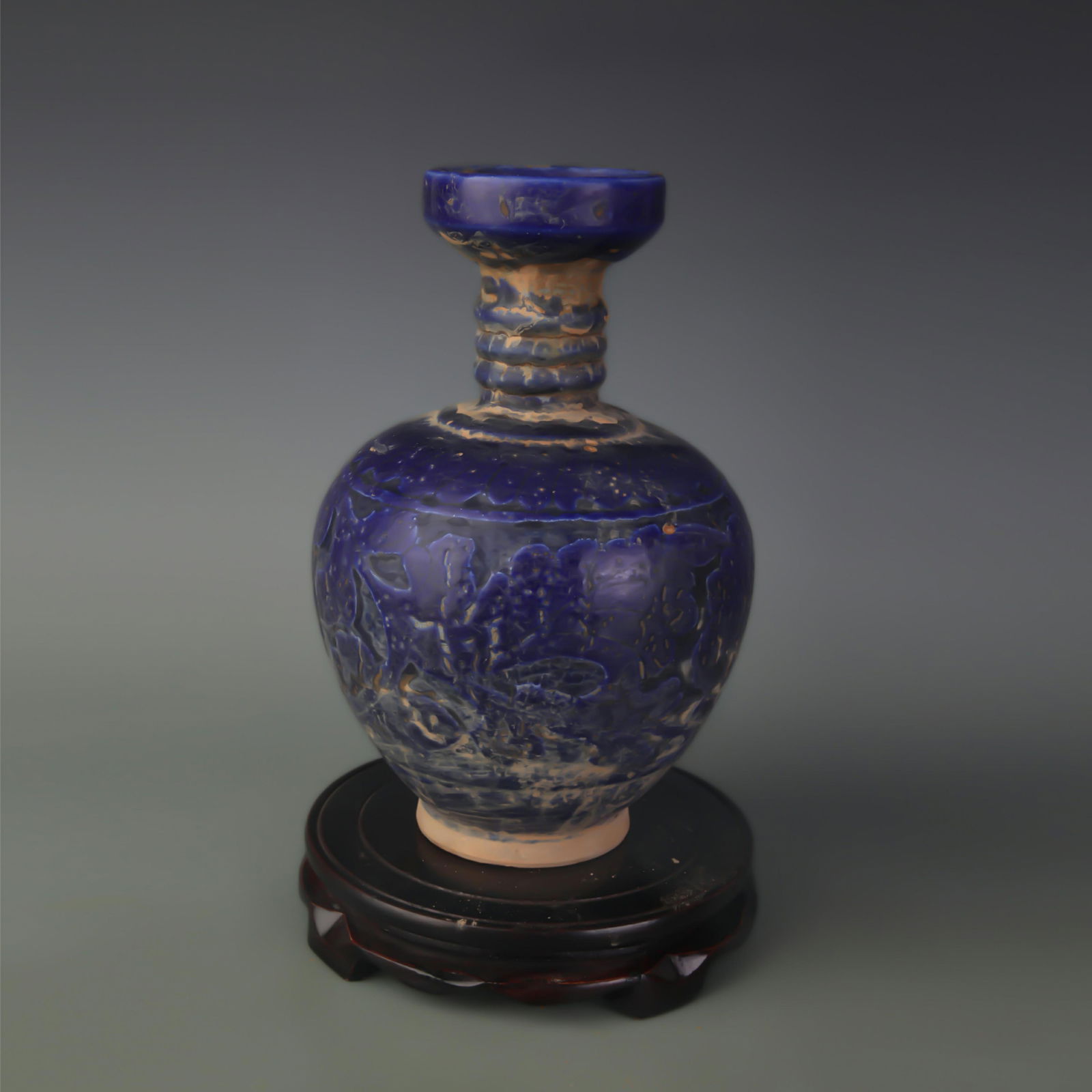 BLUE GLAZE NARROW-MOUTH POTTERY BOTTLE: Liao Dynasty Style; High: 9.5 inch; Diameter: 3.2 inch;