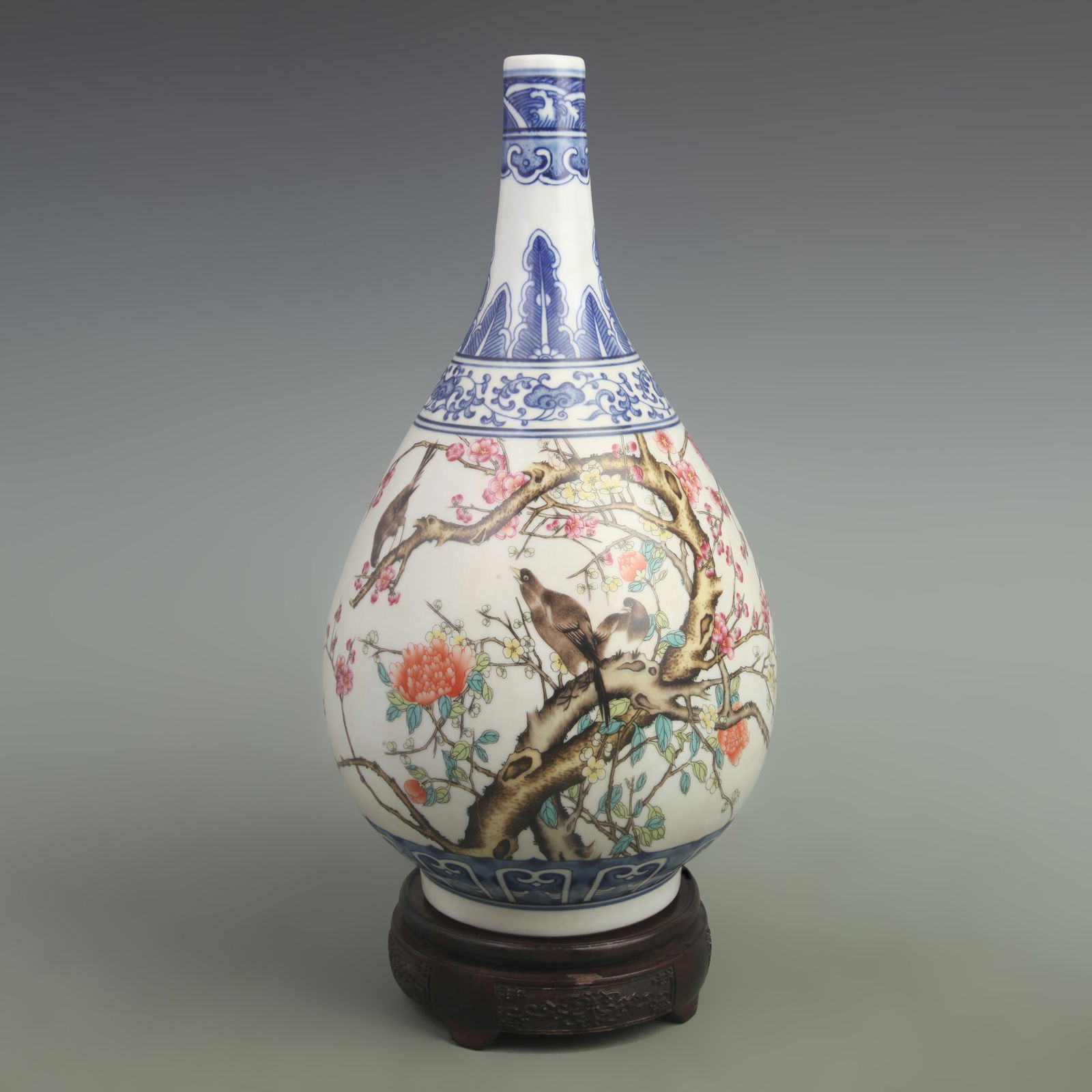 FAMILLE ROSE WITH MAGPIES ON PLUM BRANCH PATTERN PORCELAIN VASE: Qing Dynasty Yong Zheng Period; High: 14.6 inch; Width: 8.5 inch;