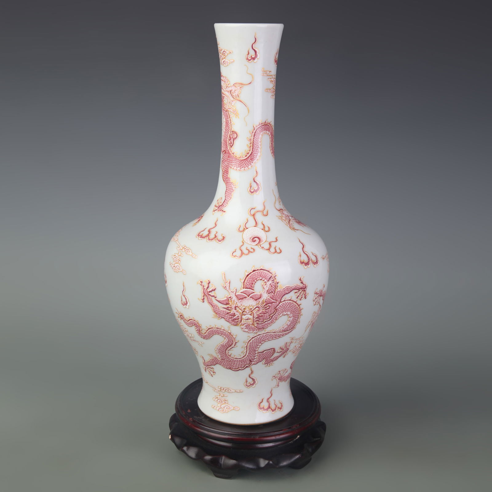FAMILLE ROSE GLAZED DRAGON PATTERN LONG NECK PORCELAIN VASE (1 of 5)