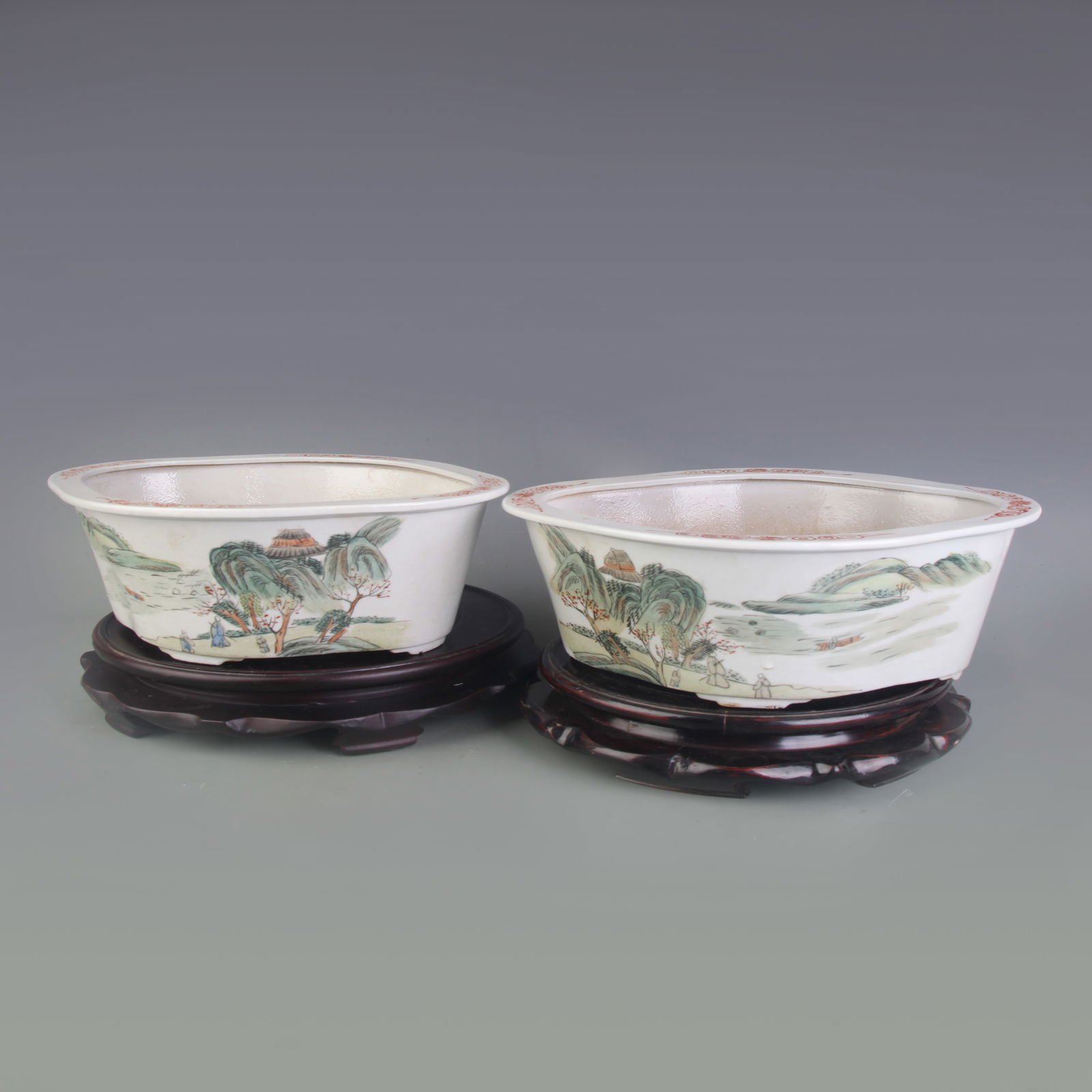 PAIR OF FAMILLE ROSE LANDSCAPE PATTERN FLOWER POTS: Republic Period; Long: 11.3 inch; High:5.0 inch