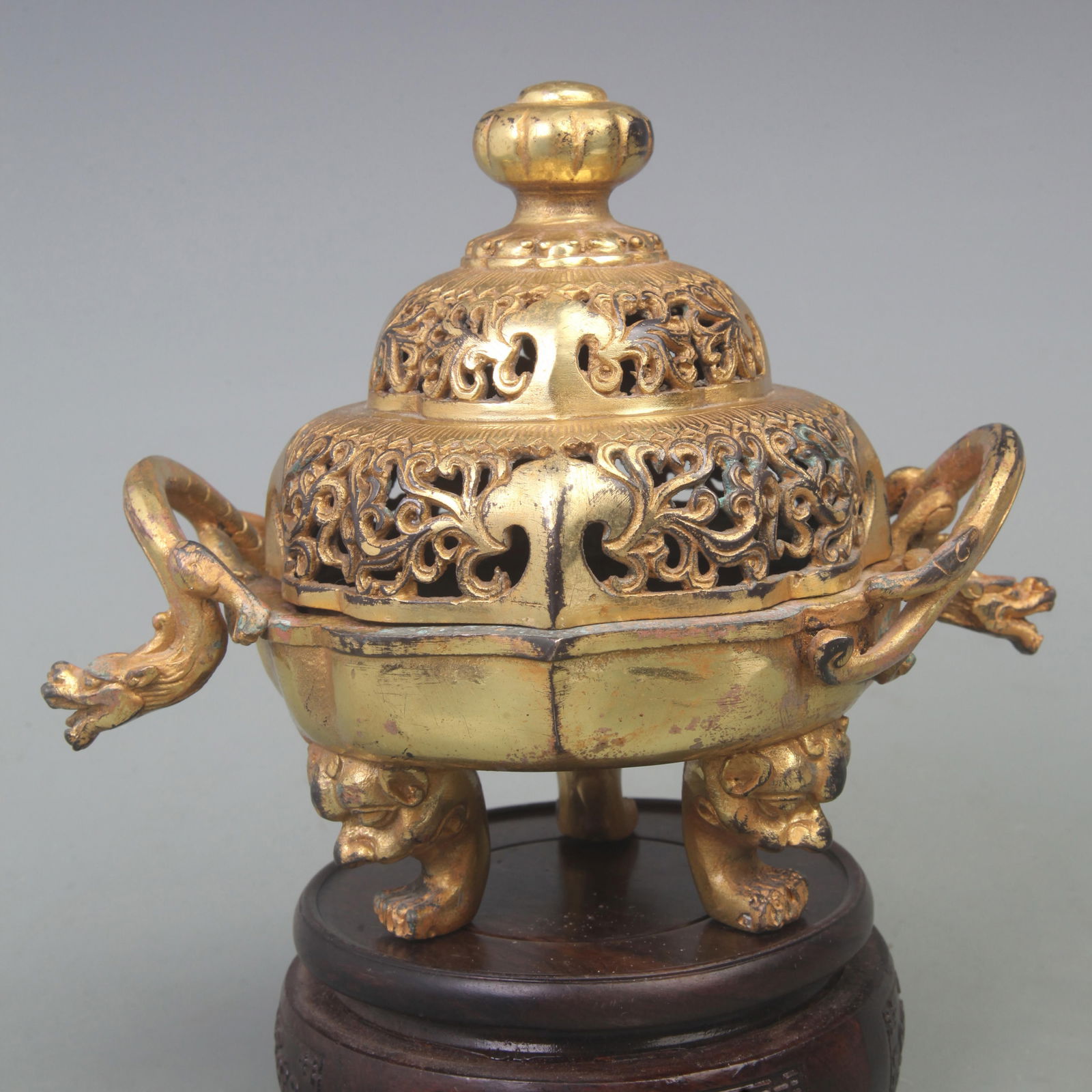 BRONZE GILT DRAGON EAR SUNFLOWER-SHAPED INCENSE BURNER: Modern, Diameter: 7.5 inch; High: 5.8 inch;