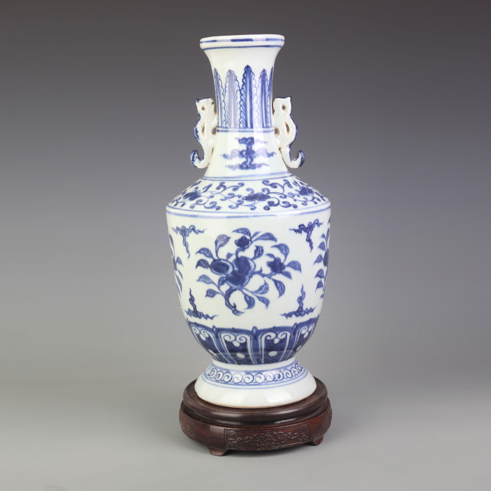BLUE AND WHITE GLAZED FLOWER PATTERN DOUBLE EAR PORCELAIN VASE (1 of 6)