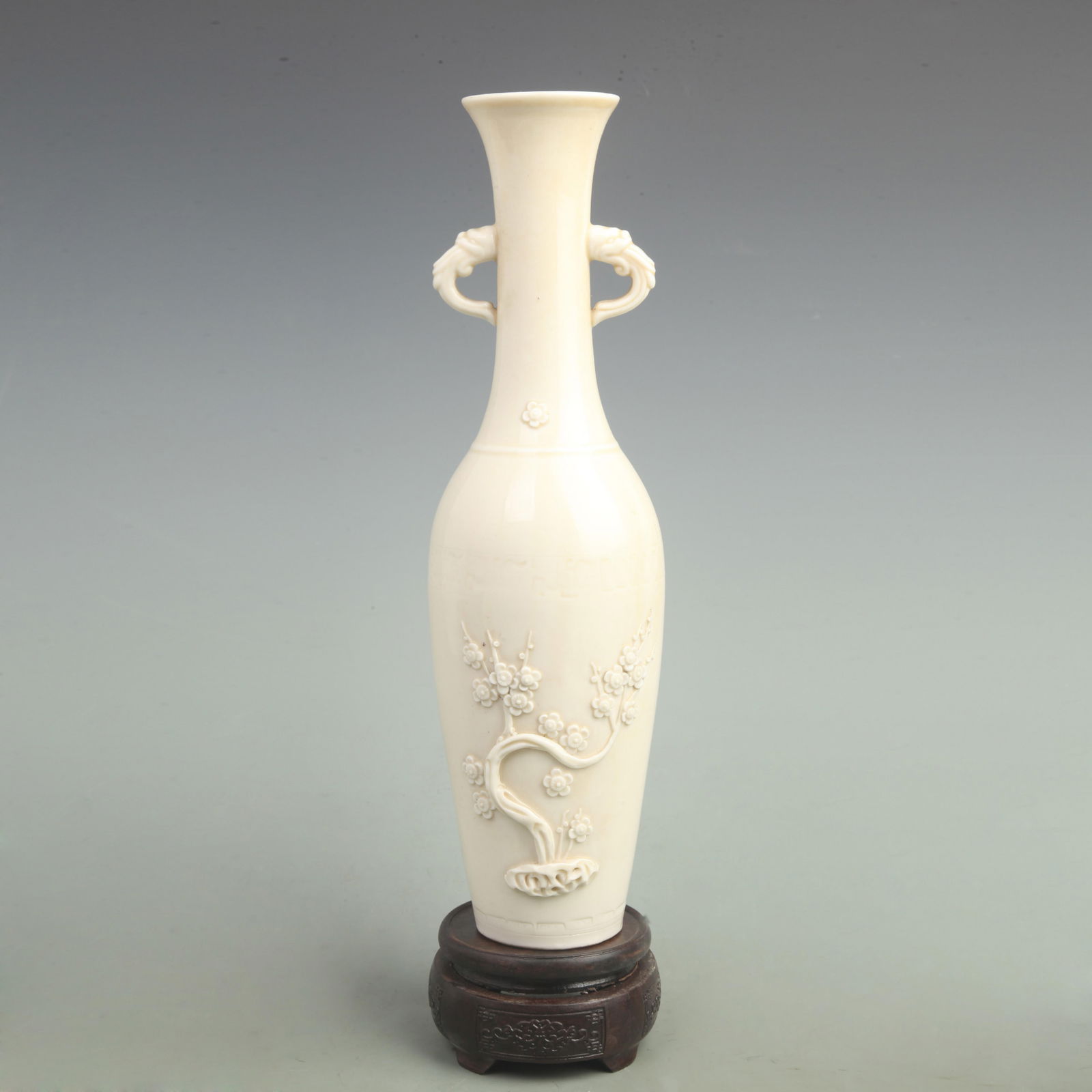 WHITE COLOR GLAZED PLUM TREE SHAPED DOUBLE HANDLED VASE: Modern; High: 13.5 inch; Diameter: 2.5 inch;