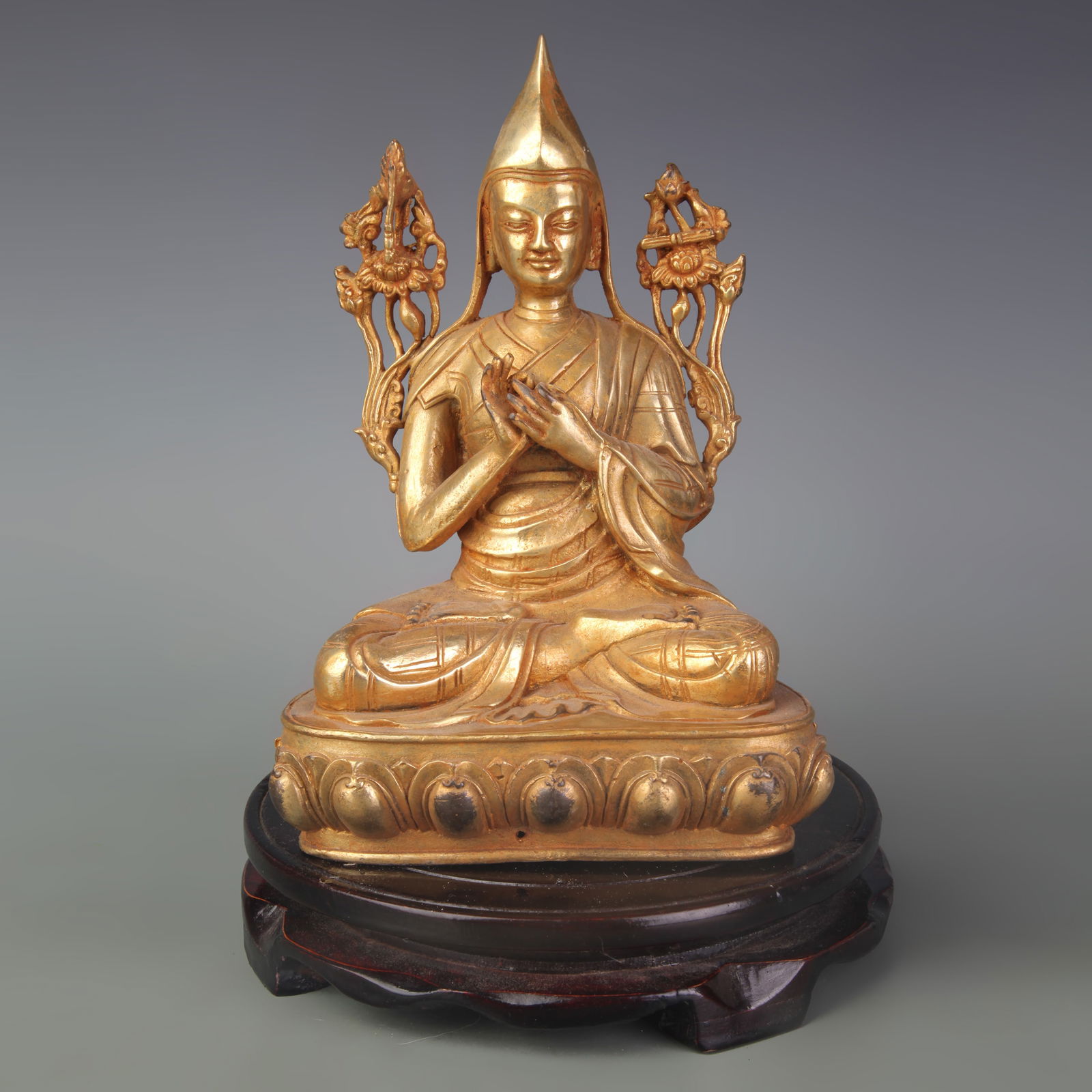 GILDED BRONZE TSONGKHAPA BUDDHA STATUE: Qing Dynasty; Width: 5.5 inch; High: 8.0 inch