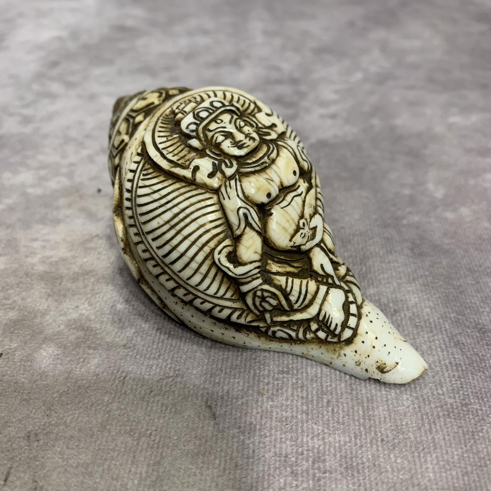 A FINELY CARVED TIBETAN CONCH: Modern; High: 2.0 inch; Width: 2.2 inch; Long: 4.6 inch