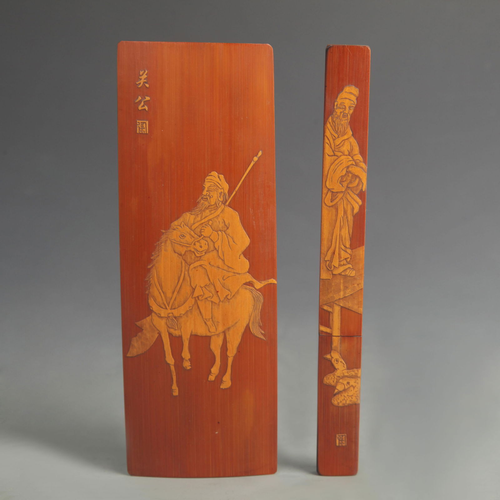 PAIR OF BAMBOO INLAID FLOWER AND MANDARIN DUCK PATTERN ARM REST: 20th Century; Long: 7.00 inch; Width: 0.75 inch; to 2.50 inch;