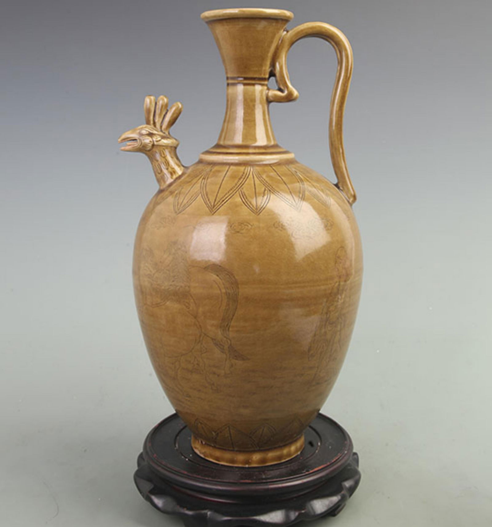HUMAN FIGURE AND TWIN CHICKEN HEAD SOY SAUCE GLAZE JUG: Liao Dynasty Style; High: 15 inch; Width: 7.3 inch;