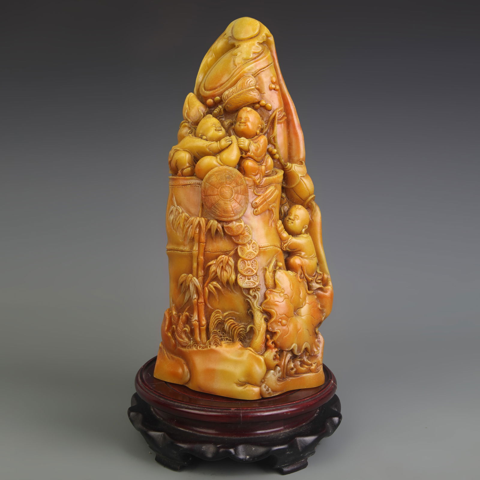 A LARGE STONE CARVING BUDDHA FIGURINE: Modern; Long: 5.4 inch; Width: 3.2 inch; High: 11.4 inch
