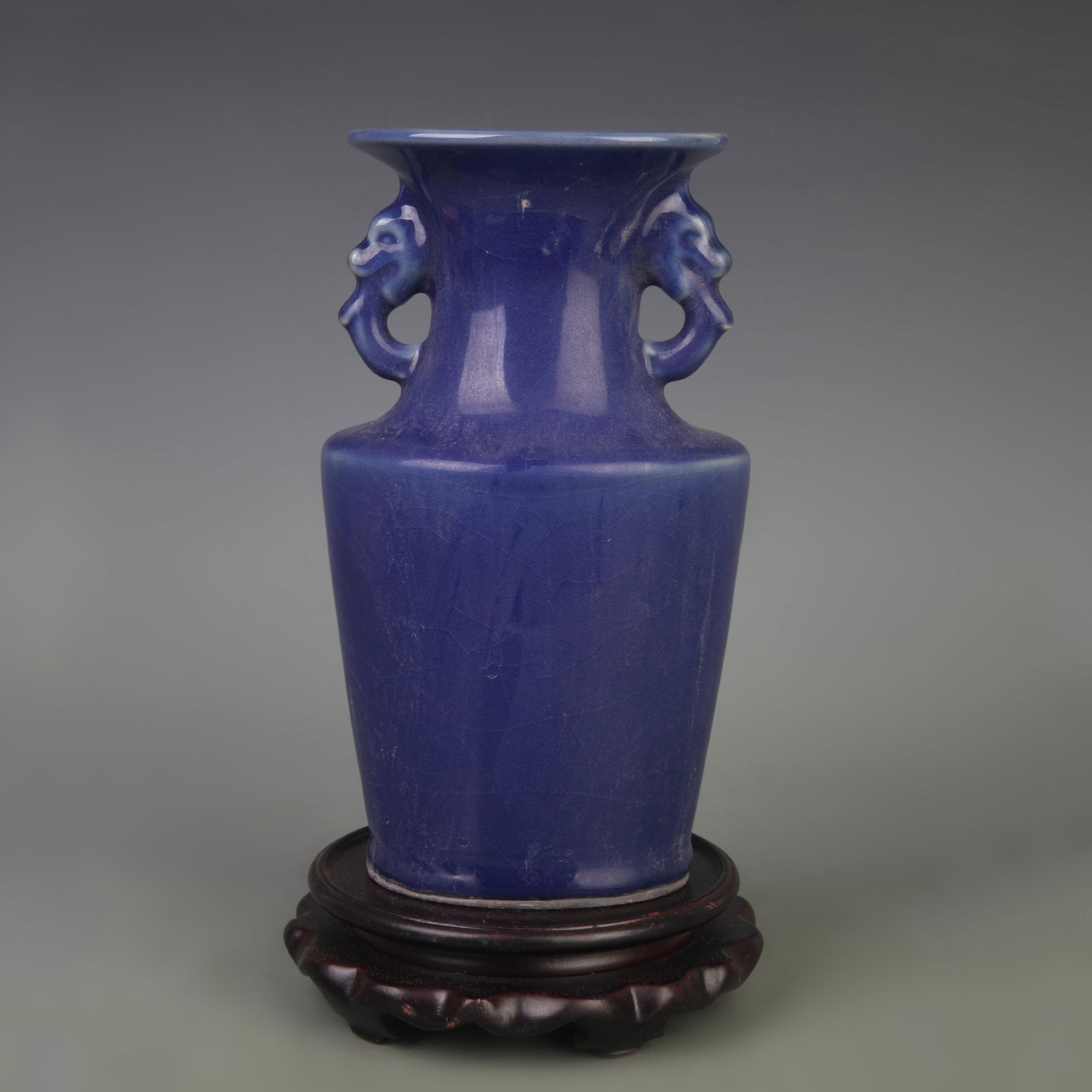 BLUE-GLAZED VASE WITH CHI-DRAGON HANDLES: Ming Dynasty; High:8.9 inch; Diameter: 3.0 inch