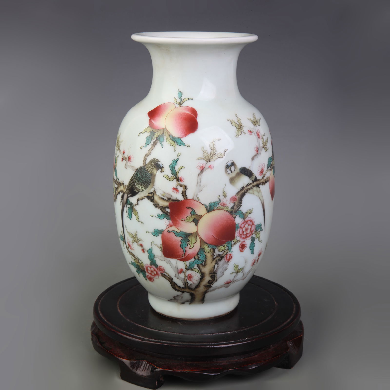 FAMILLE ROSE MELON-SHAPED VASE WITH FLORAL AND BIRD DESIGN (1 of 5)