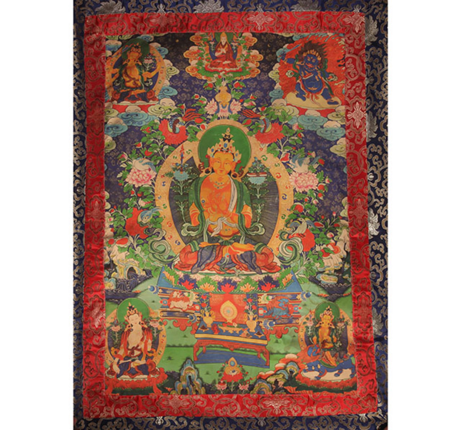 A FINE TIBETAN THANGKA ON SILK FOUR-ARMED AVALOKITESVARA GAUTAMA: 20th Century; High: 34.75 inch; Width: 23.0 inch