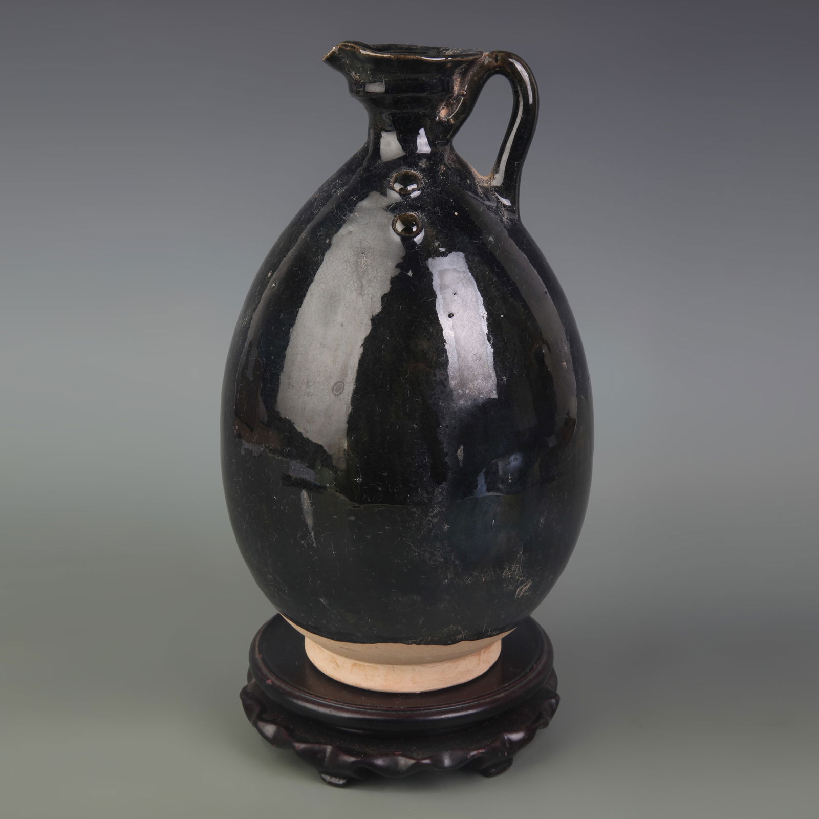 BLACK COLOR GLAZED OLD PORCELAIN EWER: Liao Dynasty Style; Diameter: 3.1 inch; High: 9.2 inch;