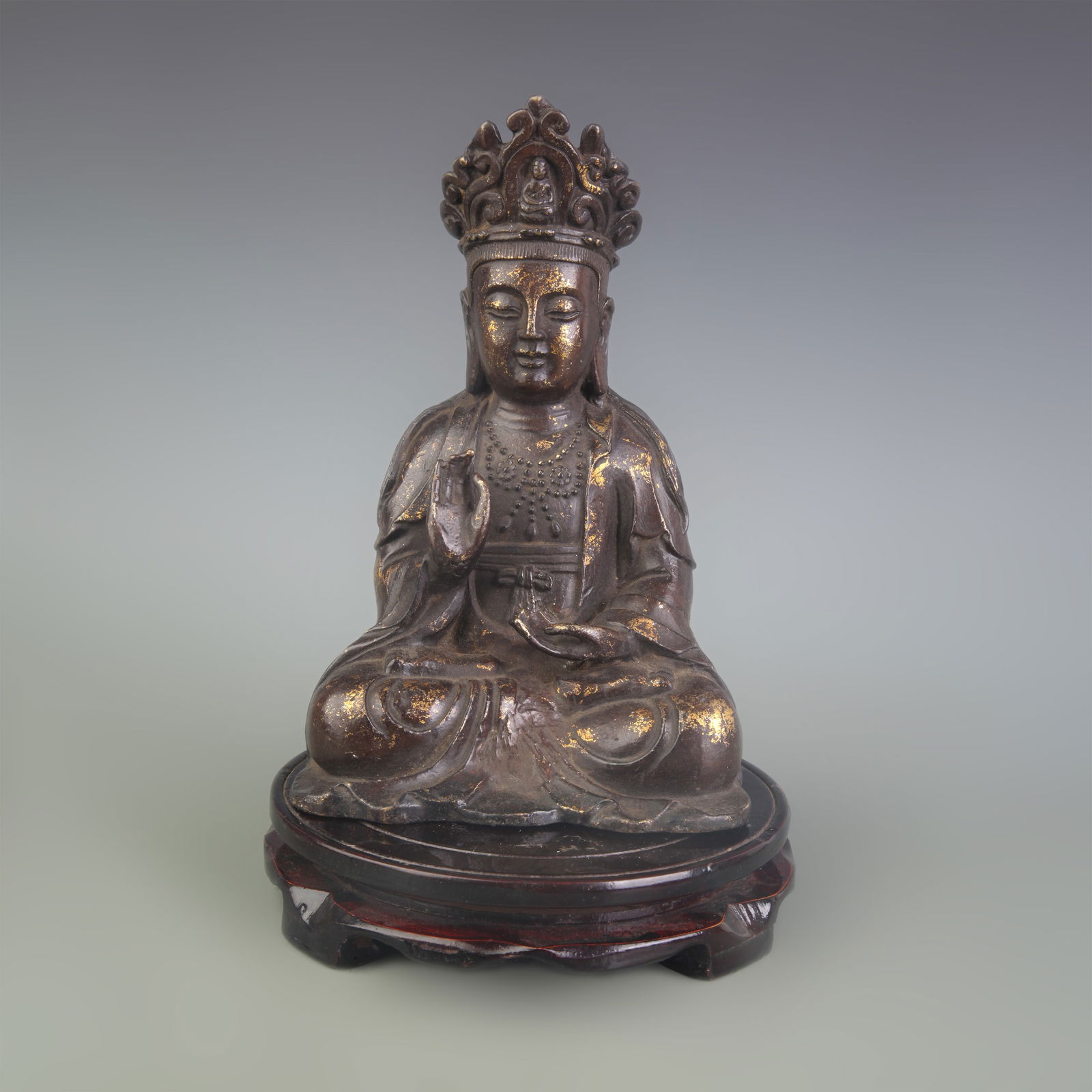A FINE BRONZE SEATED GUANYIN FIGURE: Qing Dynasty Qian Long Period; High: 9.0 inch