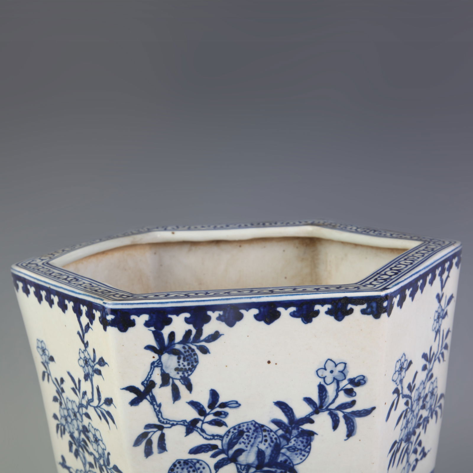 BLUE AND WHITE HEXAGONAL FLOWERPOT WITH FLORAL PATTERNS - 2