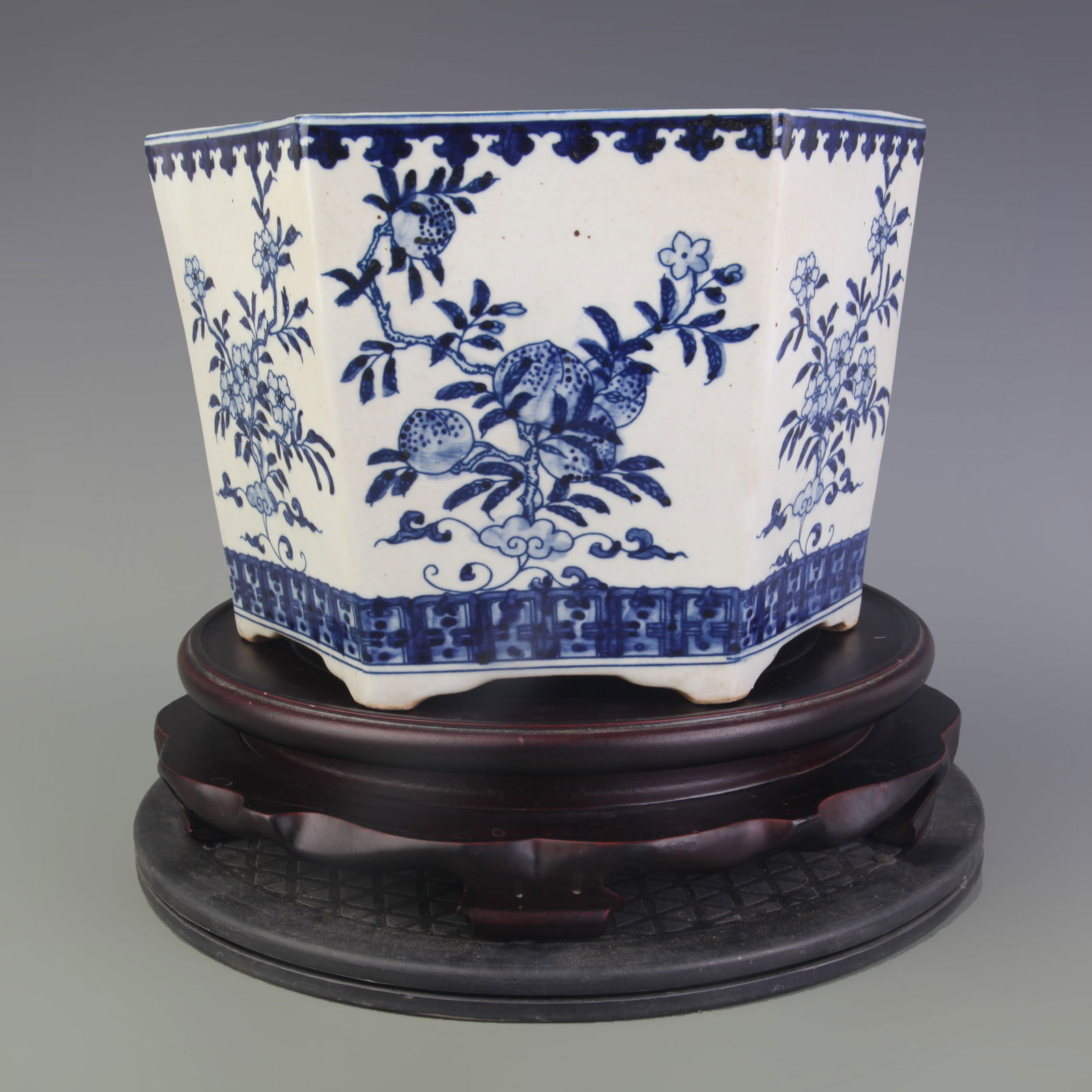 BLUE AND WHITE HEXAGONAL FLOWERPOT WITH FLORAL PATTERNS - 3