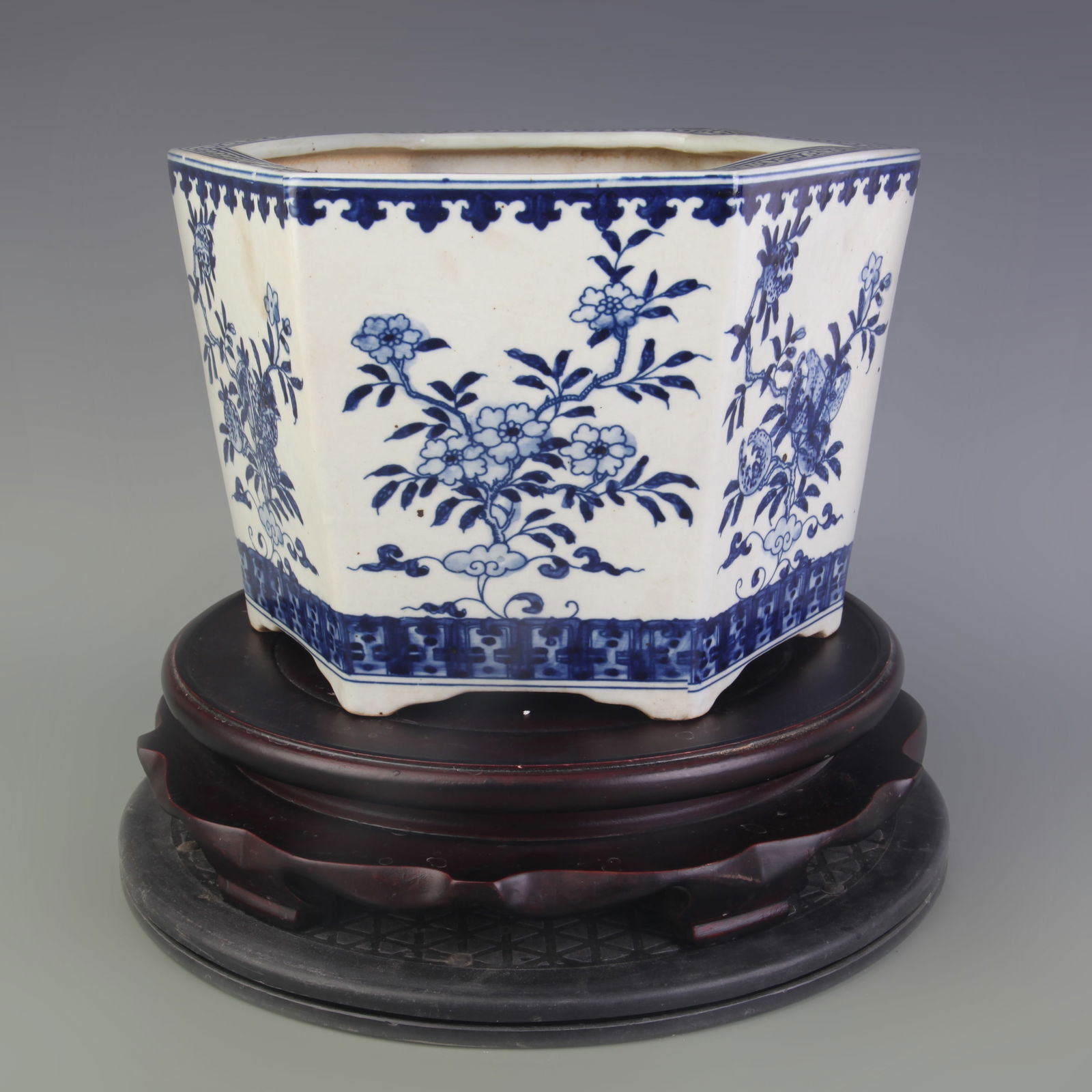 BLUE AND WHITE HEXAGONAL FLOWERPOT WITH FLORAL PATTERNS - 4