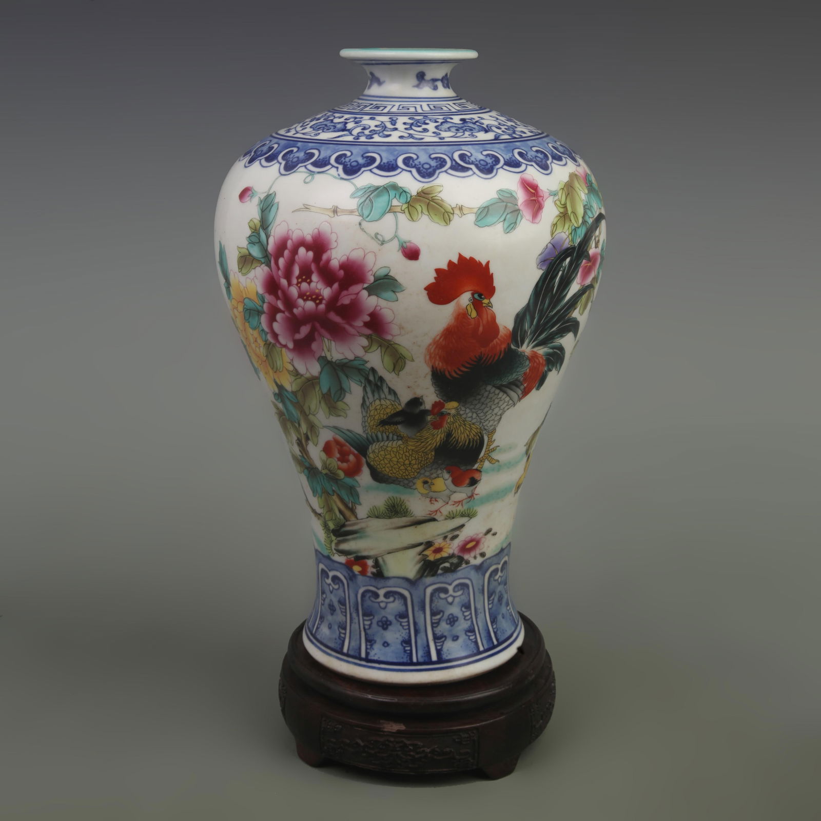 FAMILLE ROSE CHICKEN PATTERN MEI STYLE PORCELAIN VASE: Qing Dynasty Yong Zheng Period, High: 12 inch; Width: 8 inch;
