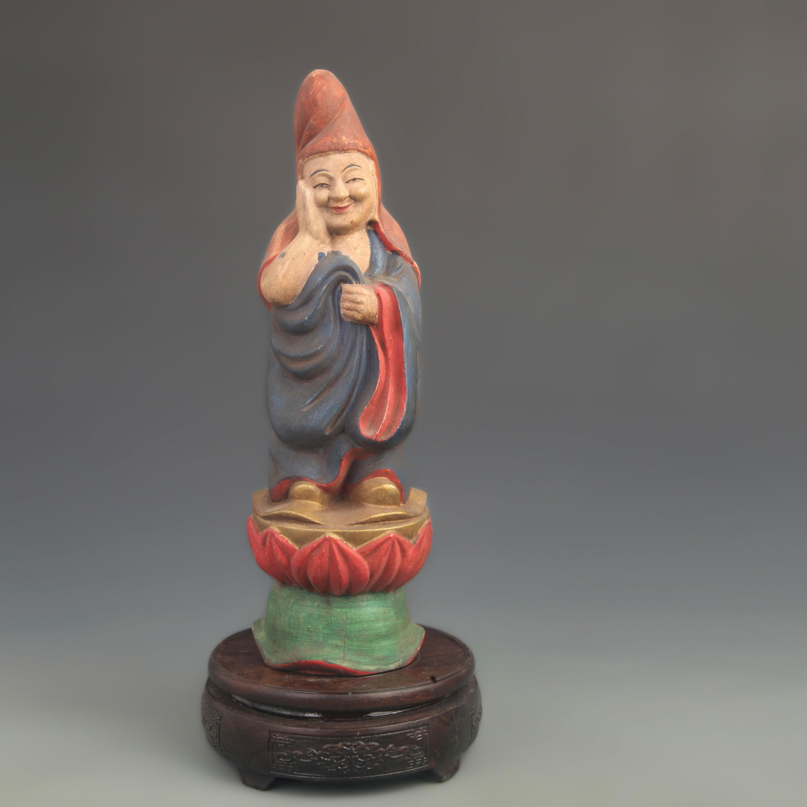 A FINE PAINTED WOODEN LOTUS PEDESTAL BUDDHA STATUE: 20th Century; High: 11.5 inch; Width: 3.75 inch;